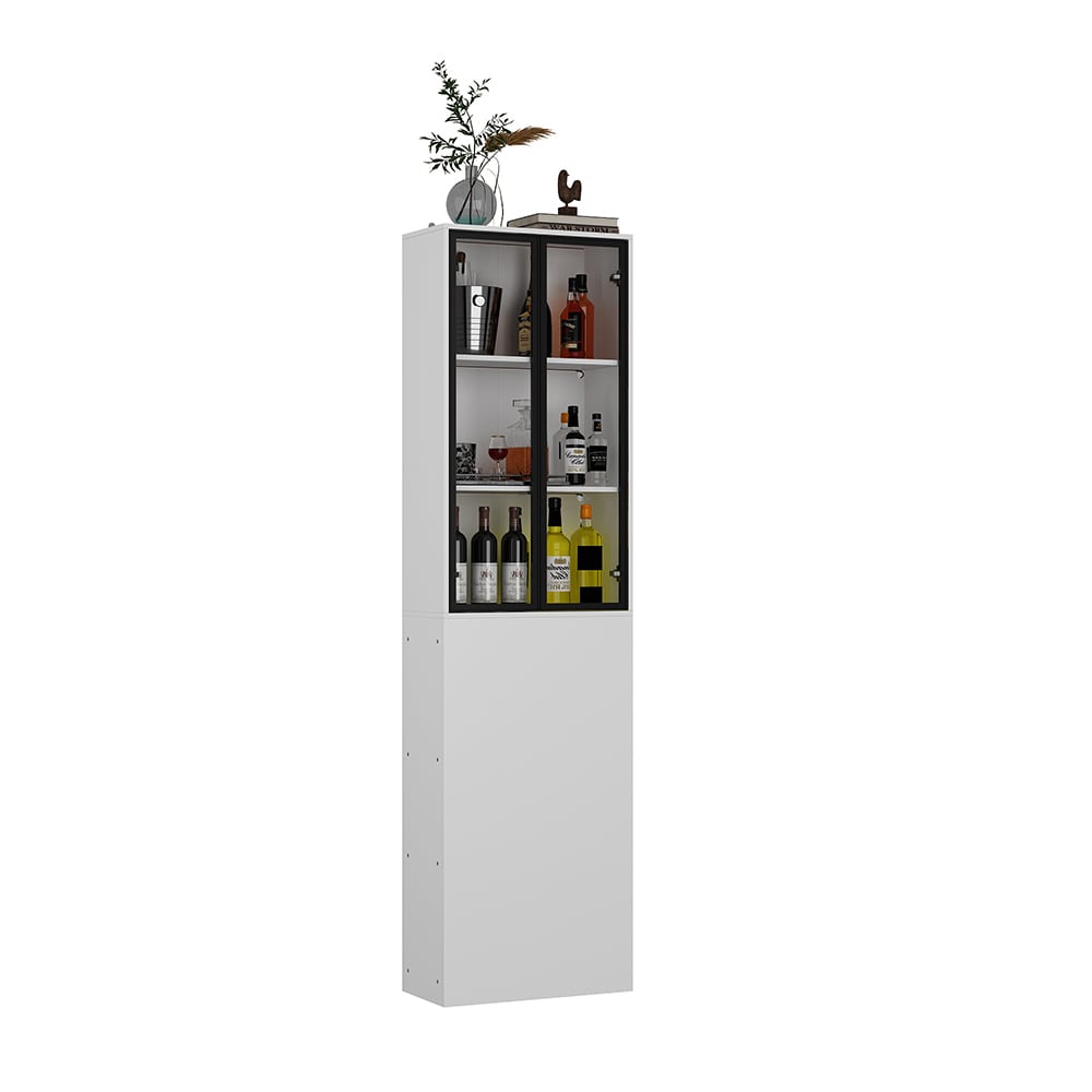 Homsee V-KF150236-01 Tall White Corner Accent Display Cabinet with LED Lighting Drawers and Pop-Up Glass Doors for Small Spaces and Gaps