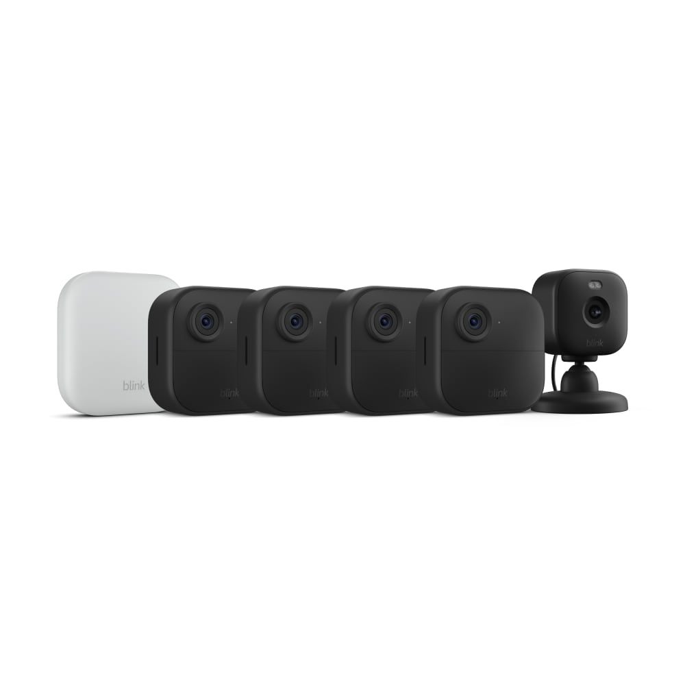 Blink  Outdoor 4 XR - Wireless Smart Security Camera 4-Pack + Mini 2 Plug-in Smart Security Camera, Black Bundle (Sync Module Core Included)