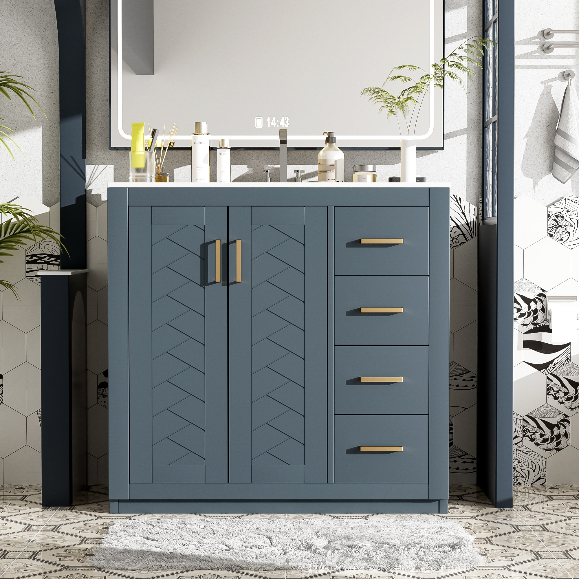 LUXEYARD 36 Bathroom Vanity with Ceramic Sink Combo Solid Wood Frame Bathroom Storage Cabinet Freestanding Vanity Set with 3 Drawersand Soft Closing Doors