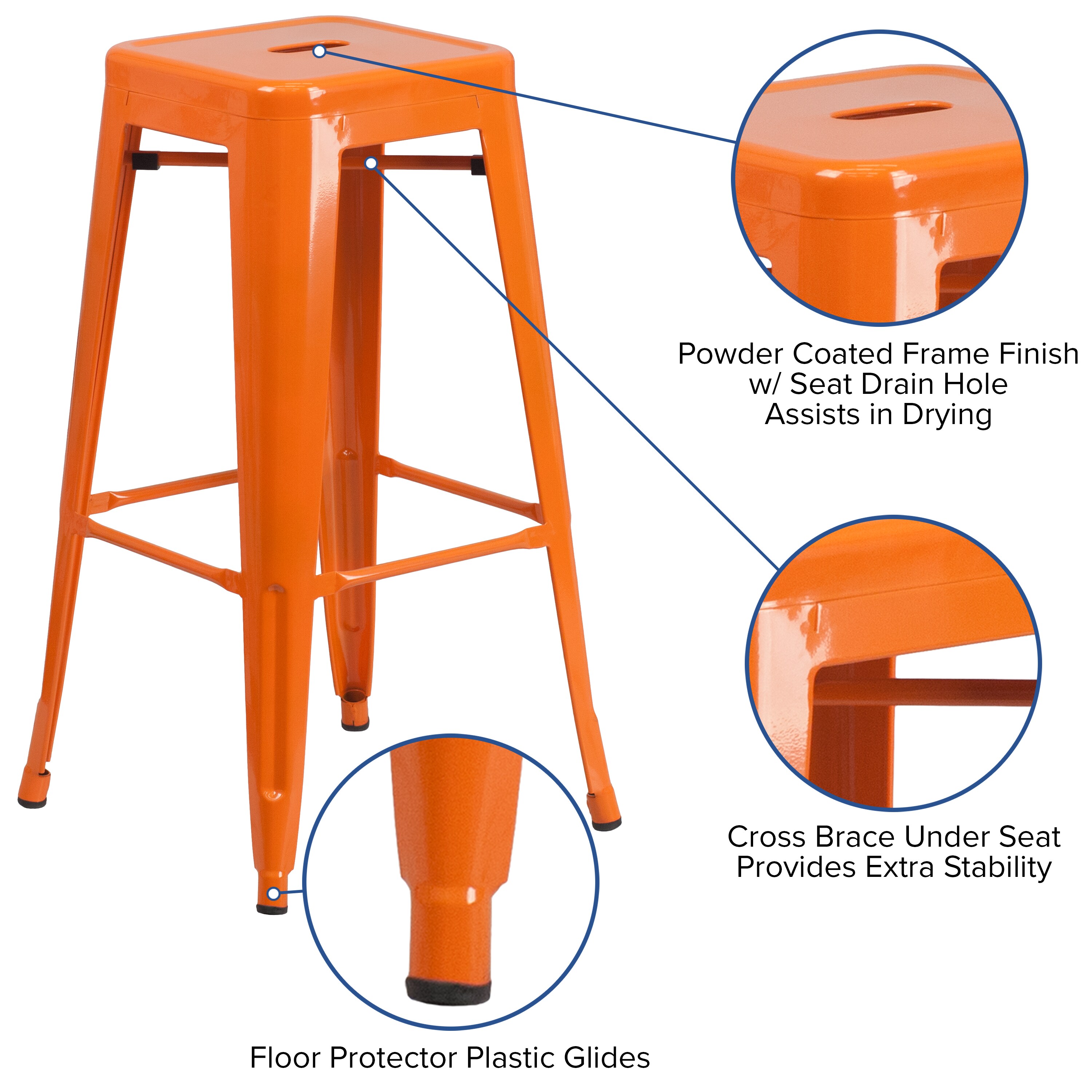 30" High Backless Orange Metal Stackable Barstool