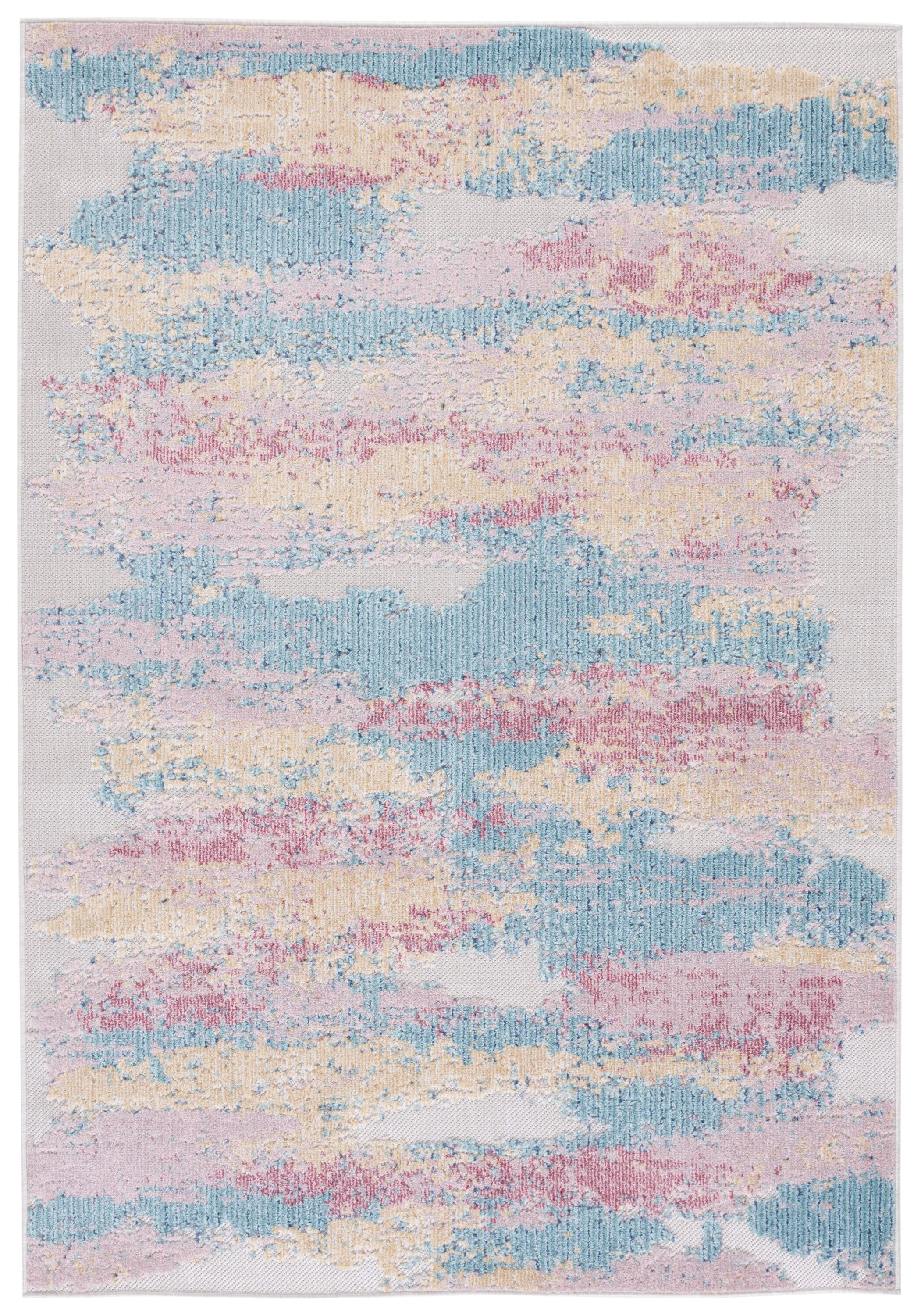 Aqua and Pink Geometric Synthetic Indoor/Outdoor Area Rug