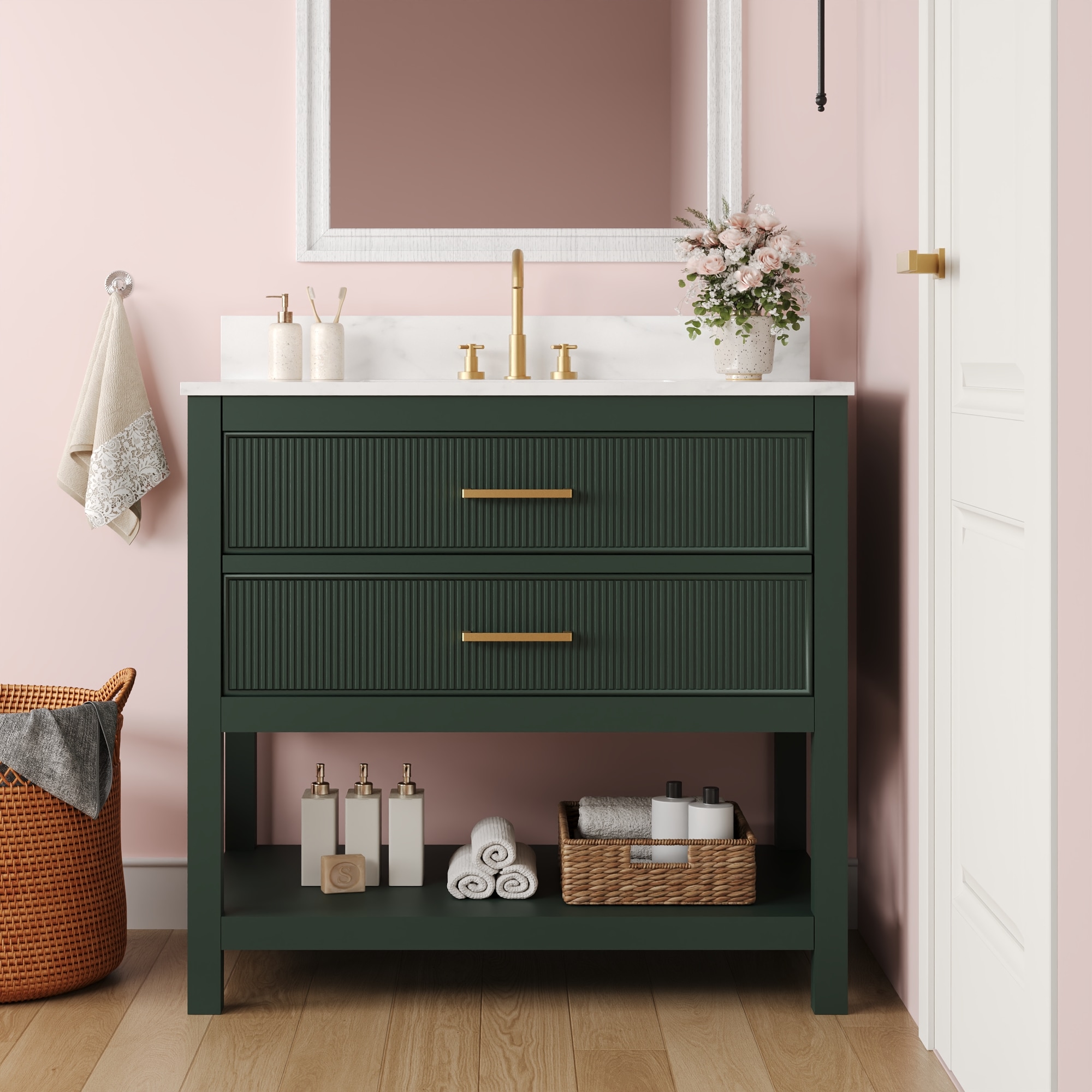 DeerValley - 35.98-in Green Undermount Single Sink Bathroom Vanity with White Engineered Stone To...