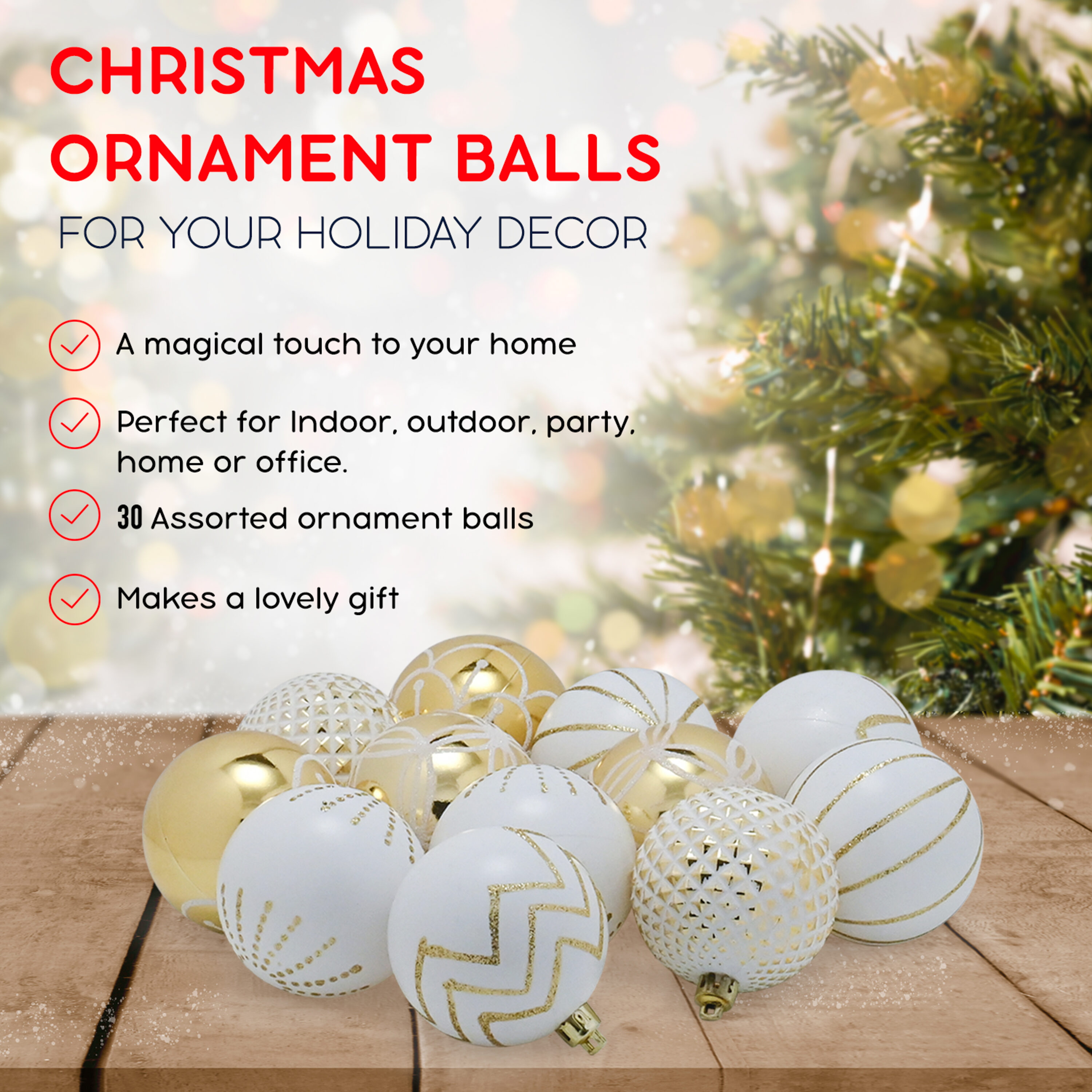 Gold and White Shatterproof Plastic Christmas Ball Ornaments Set