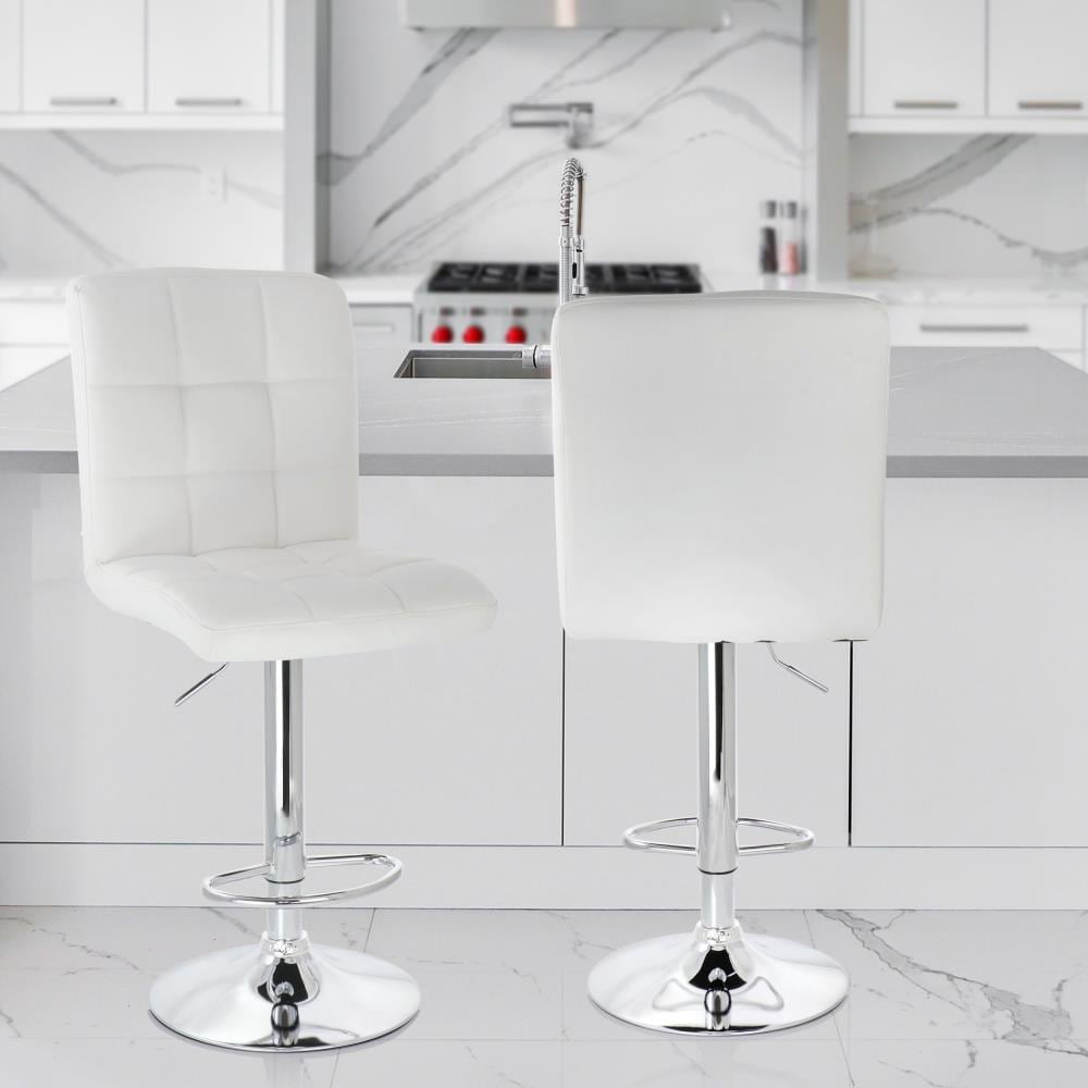 Elama White Square Tufted Faux Leather Adjustable Swivel Bar Stool
