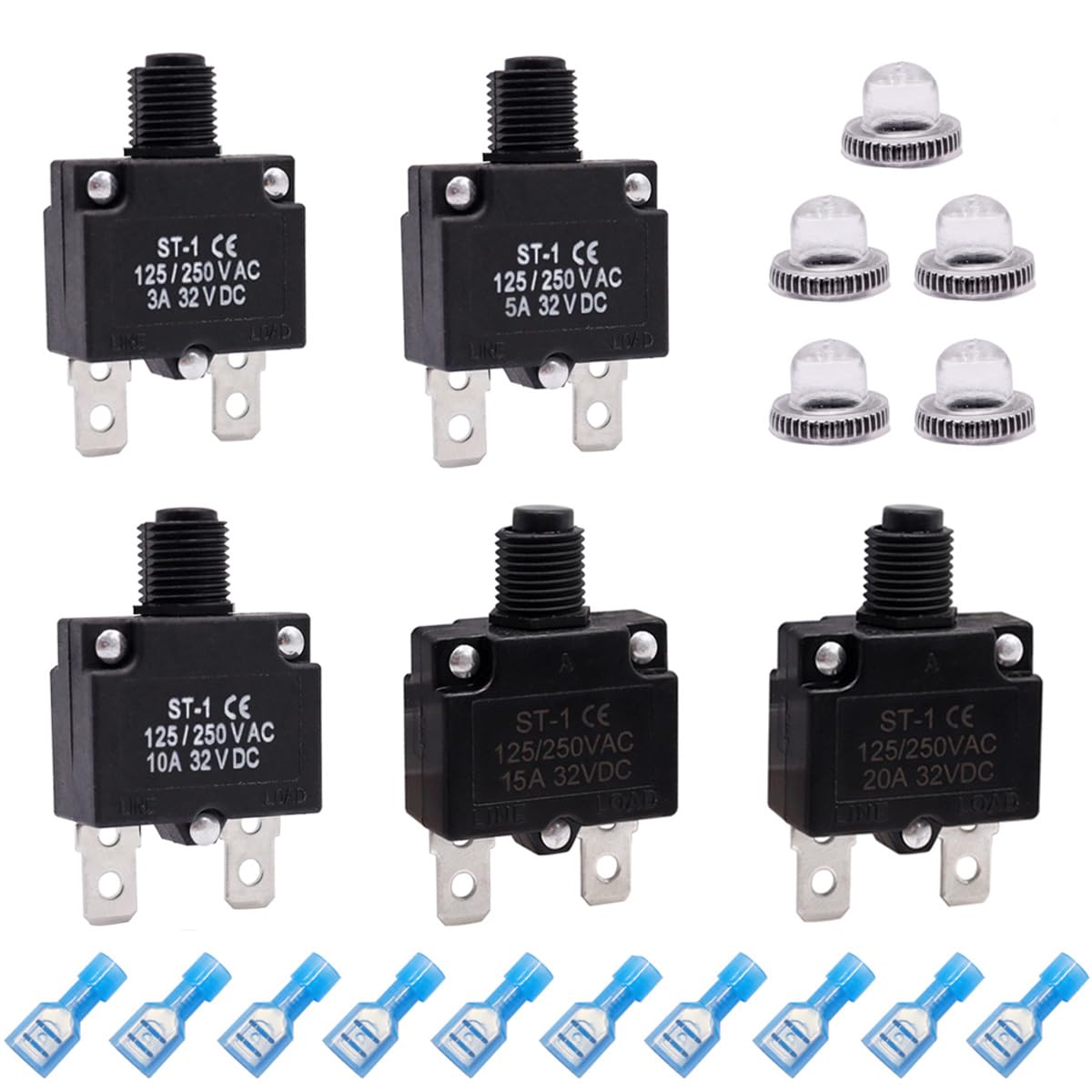 AOIZGMY  5 Piece Push to Reset Thermal Circuit Breakers 3 Amp 5 Amp 10 Amp 15 Amp 20 Amp with Waterproof Button Caps and Quick Connect Terminals
