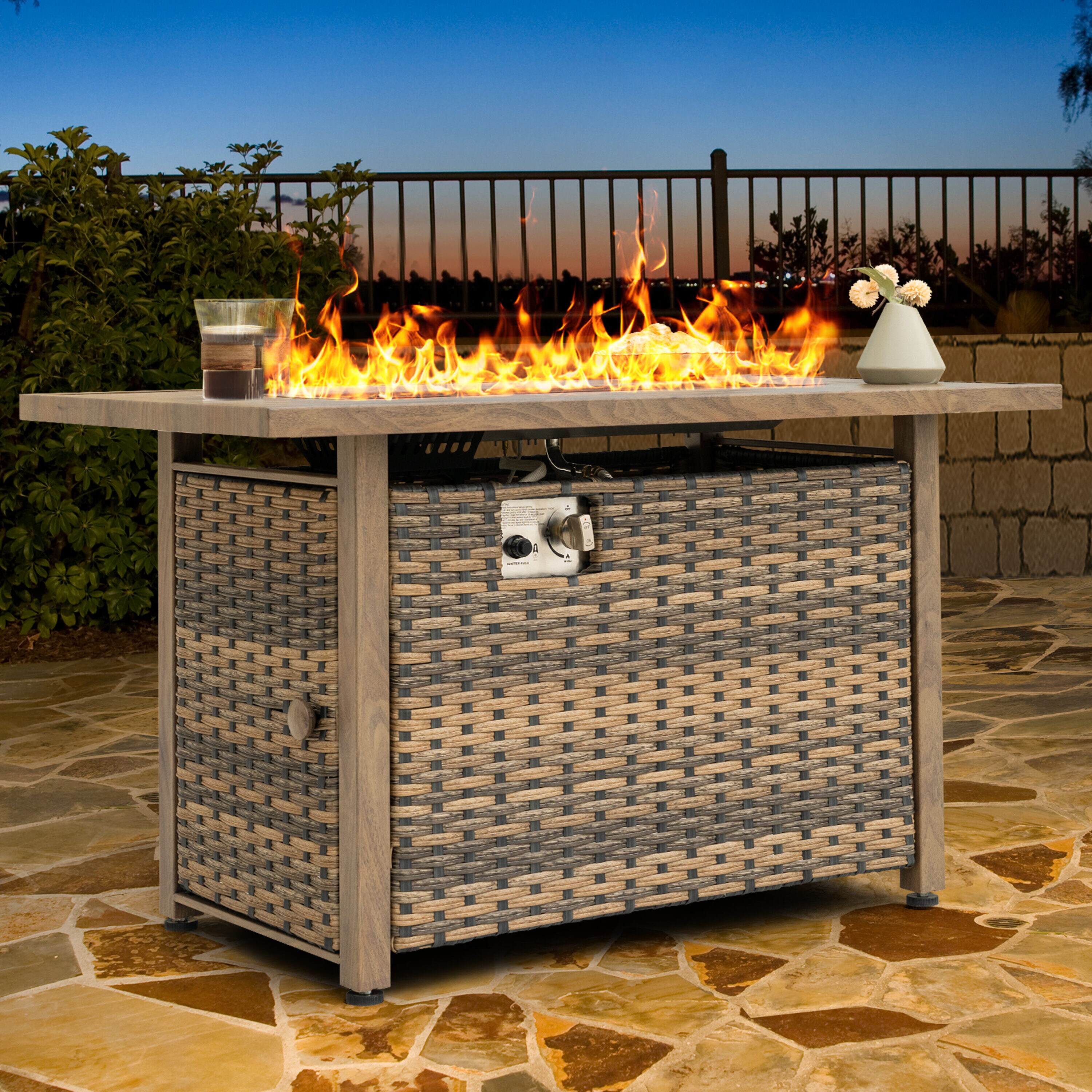 Nuu Garden 43'' Brown Rattan Gas Fire Pit Table with Glass Beads
