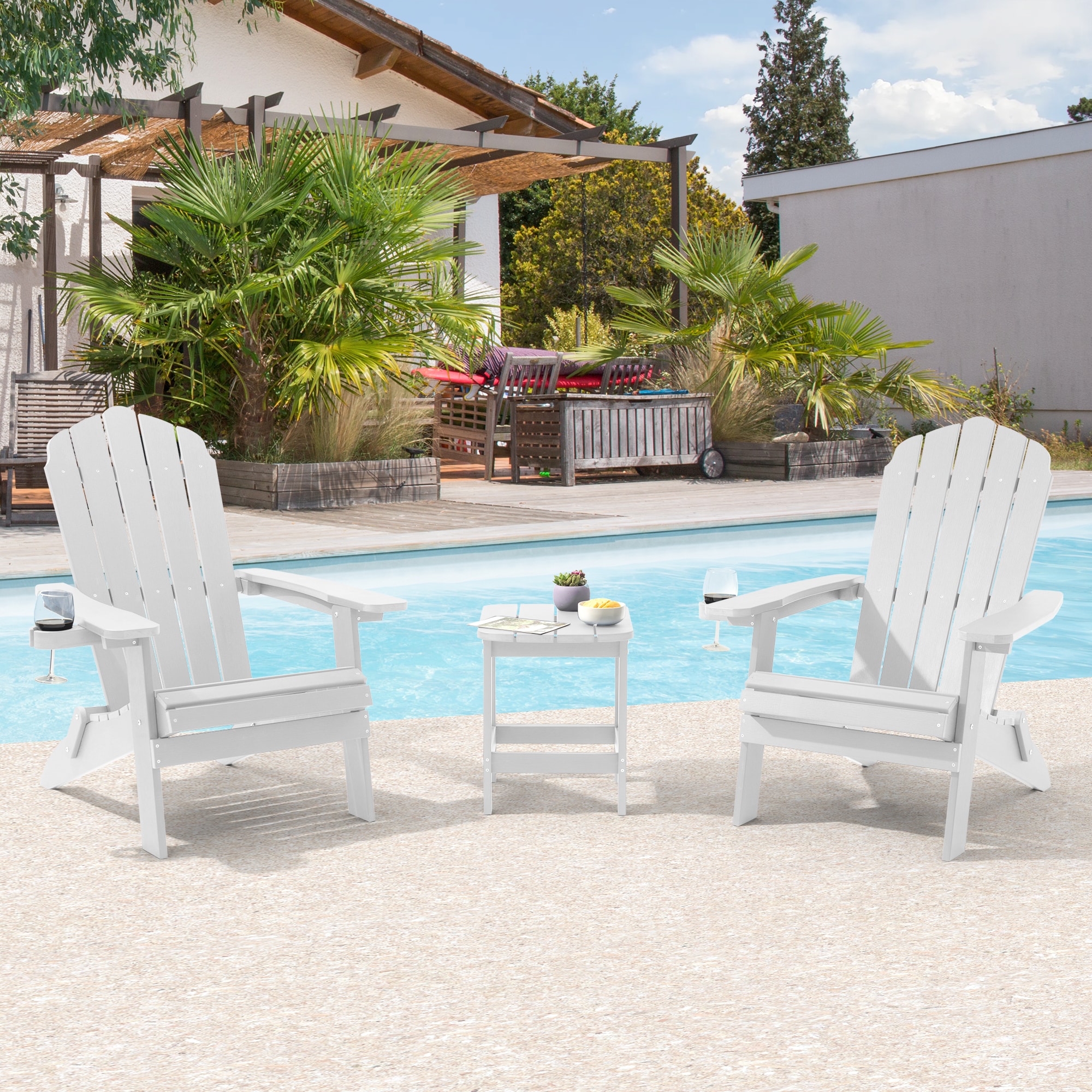 Sonkuki SD-AD364WT-2 Folding Adirondack Chair Set of 2 White Plastic Frame Stationary Adirondack Chair with White Slat Seat