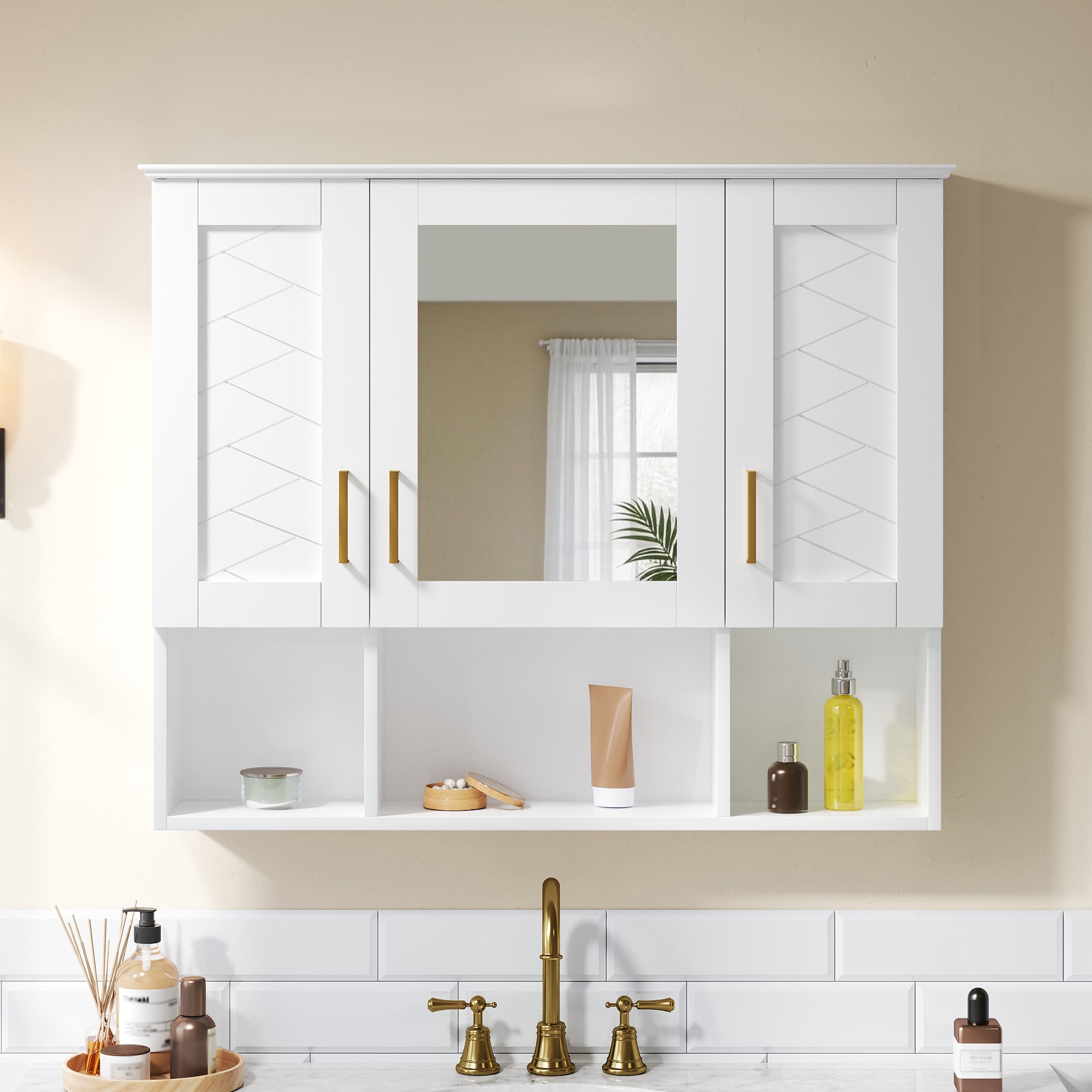 Iseryn 35-in x 28.7-in Surface Mount White Mirrored Rectangle Soft Close Medicine Cabinet
