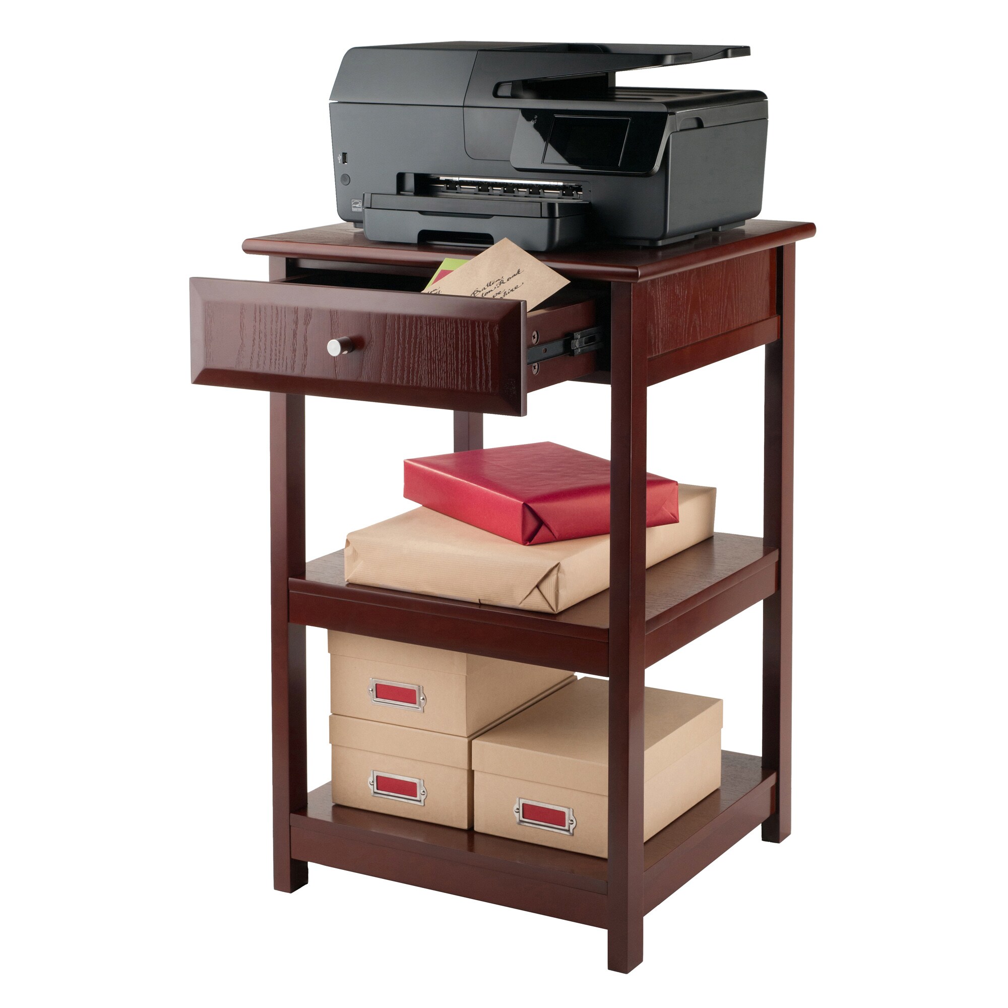 Walnut Composite Wood Printer Table with Drawer and Shelves