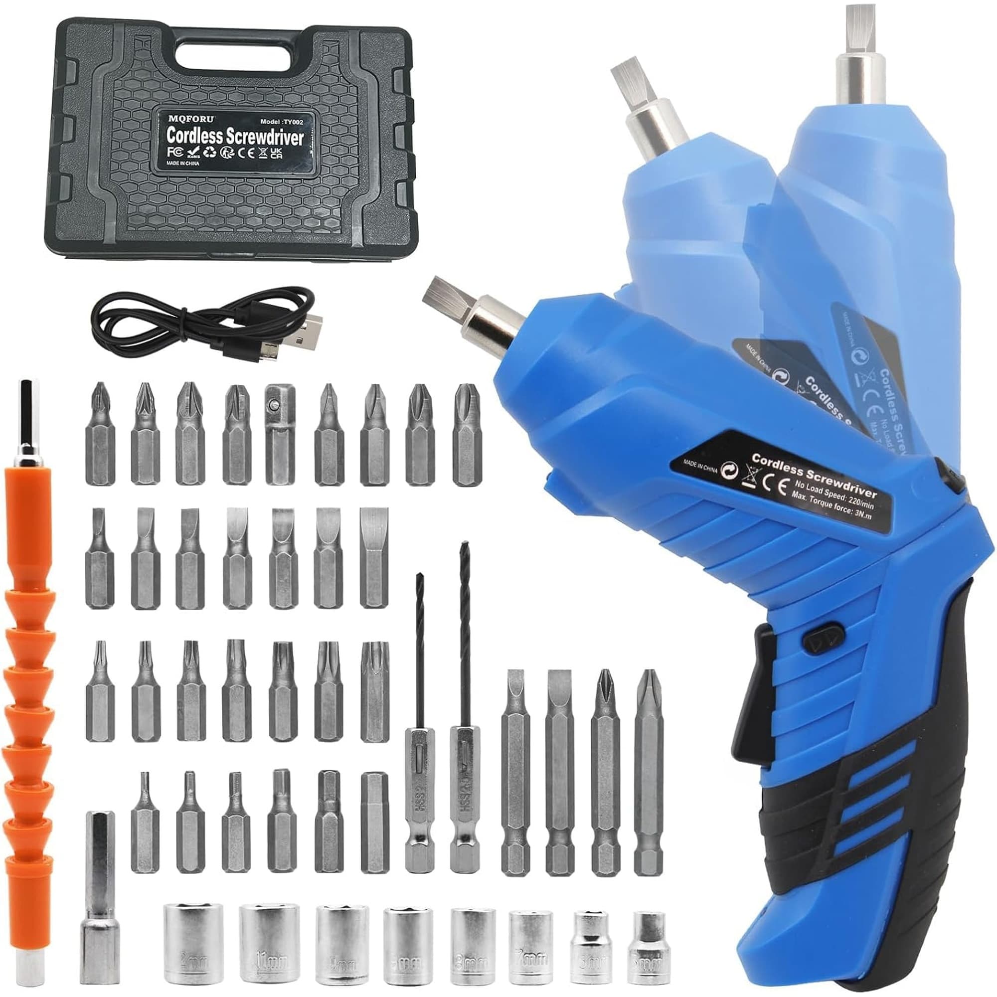 Angel Sar 3.7V Blue Cordless Electric Screwdriver Set Rechargeable with 47 Driver Bits 3Nm 2 Position Handle Flexible Shaft LED Light for Men Women DIY