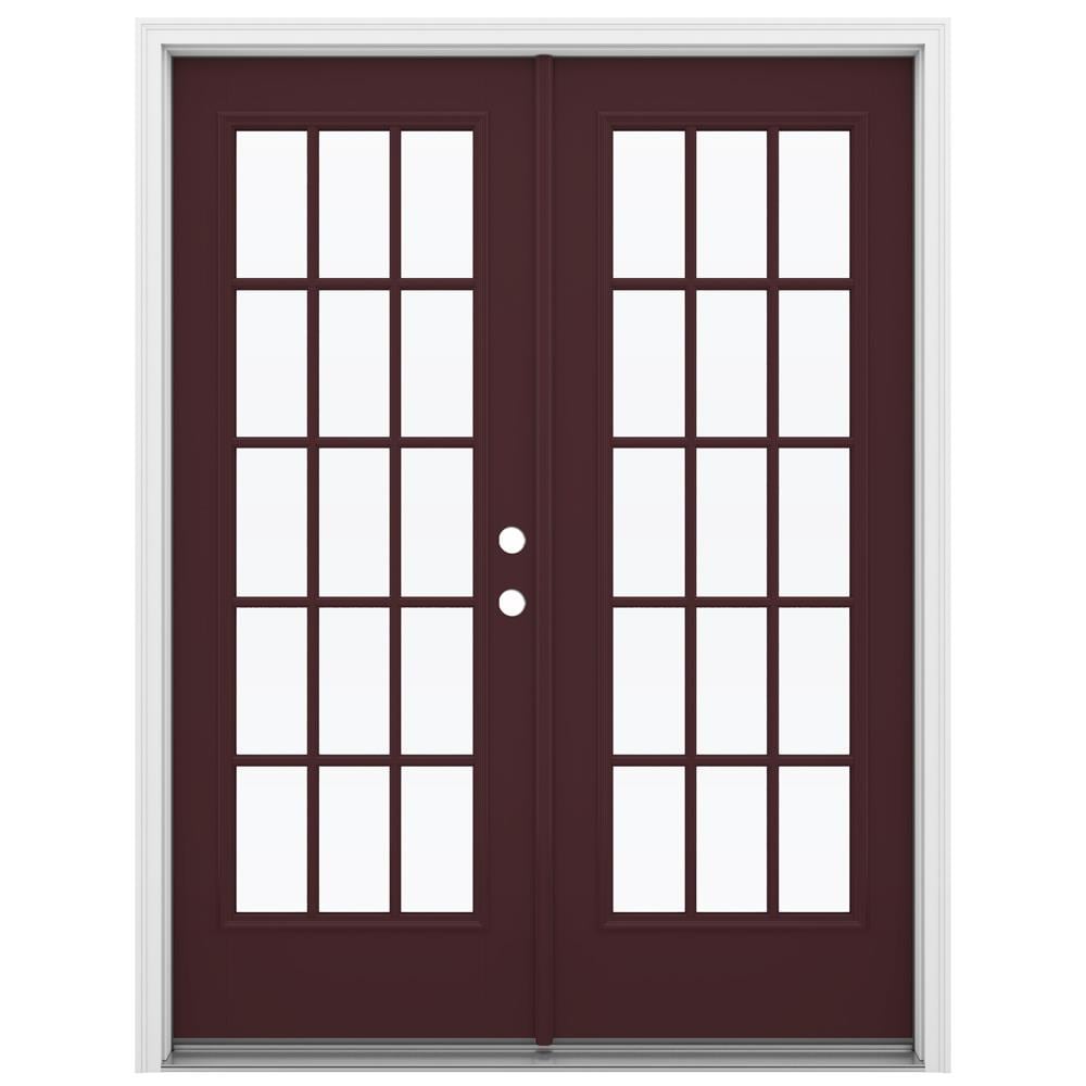 JELD-WEN 60-in x 80-in Low-e Simulated Divided Light Currant Fiberglass French Left-Hand Inswing Double Patio Door Brickmould Included in Red -  LOWOLJW184100019