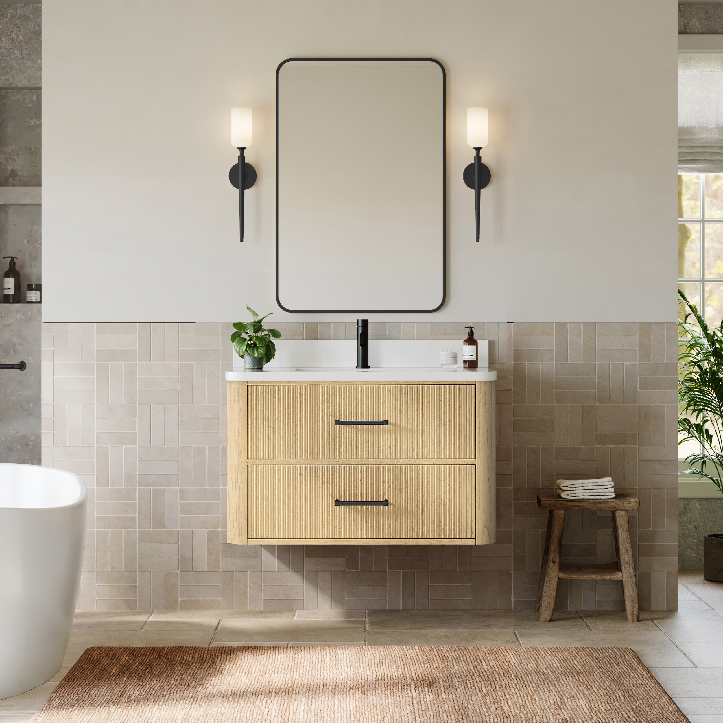 Wyndham Collection Francesca WM 36 Inch Single Wall Mounted Bathroom Vanity in Scandinavian Oak, Rounded White Quartz Countertop, Undermount Square Sink (1-Hole), Matte Black Trim