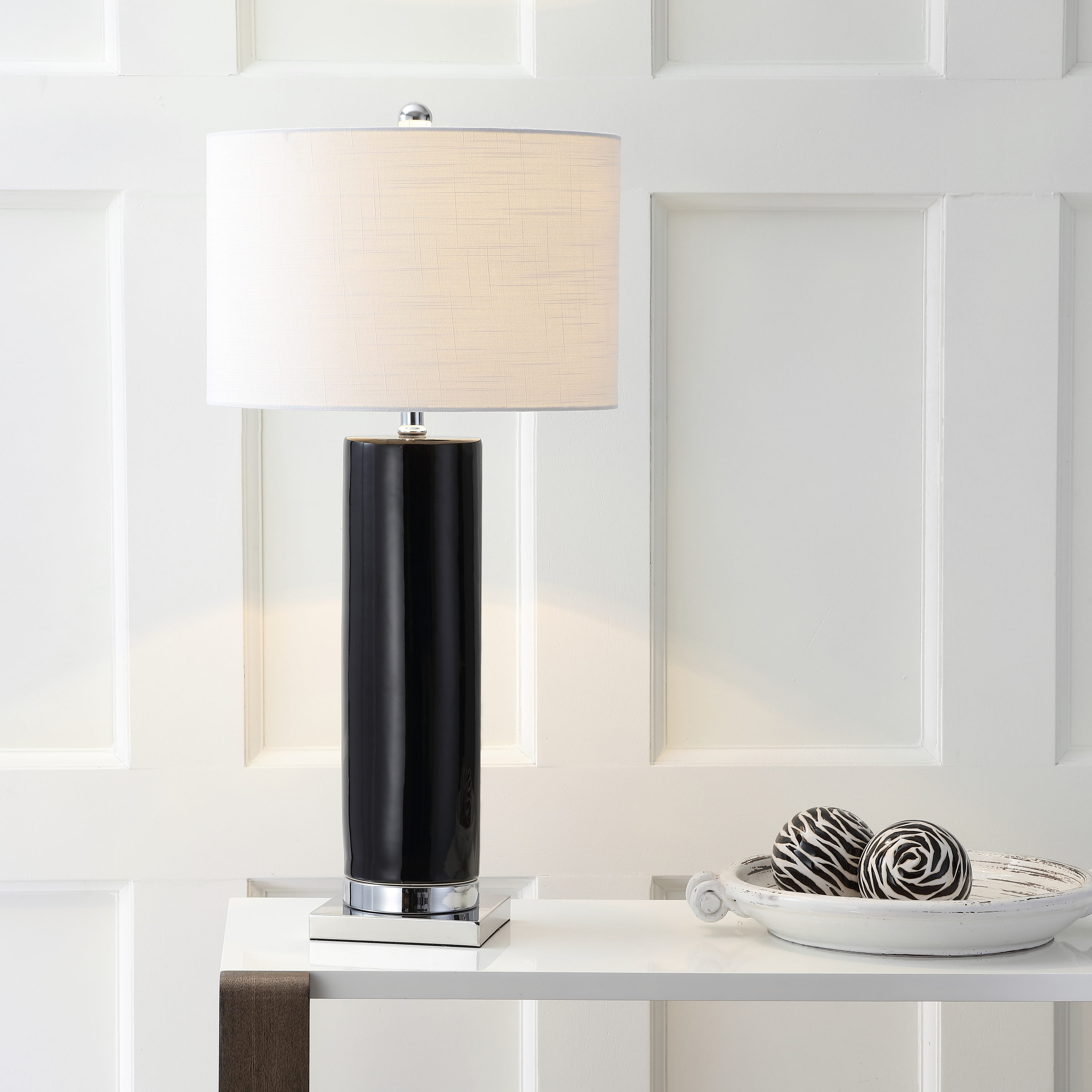 JONATHAN  Y JYL8021B Dallas Ceramic Transitional 31.5-in Black/Chrome LED Incandescent Rotary socket Table Lamp with Linen Shade