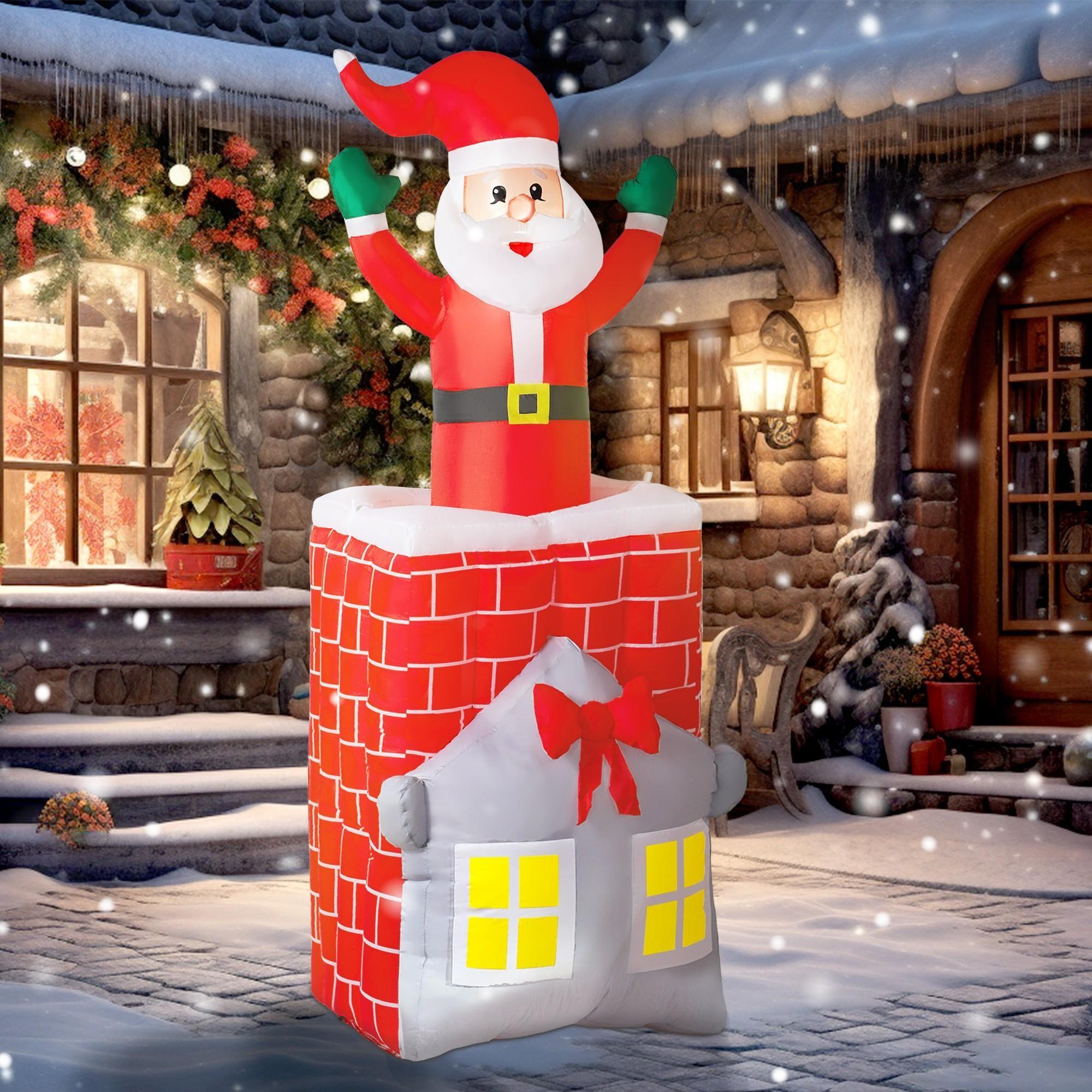 GlasFlength  7 FT Inflatable Christmas Santa in Chimney Yard Decor Outdoor Holiday Display with Built-in LEDs Moving Santa Design for Lawn Garden Party Display