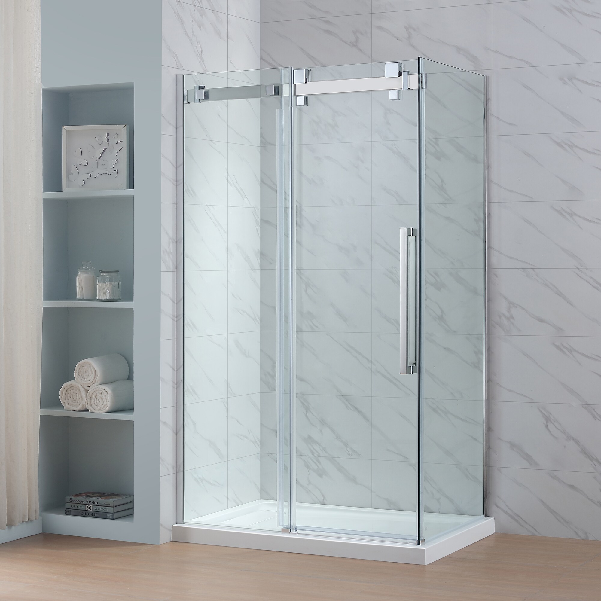 OVE Decors 15SKA-GLEN48-CHR Glendale Polished Chrome 3-Piece 32-in x 48-in x 81-in Base/Door Rectangular Corner Shower Kit (Left or Right Drain)