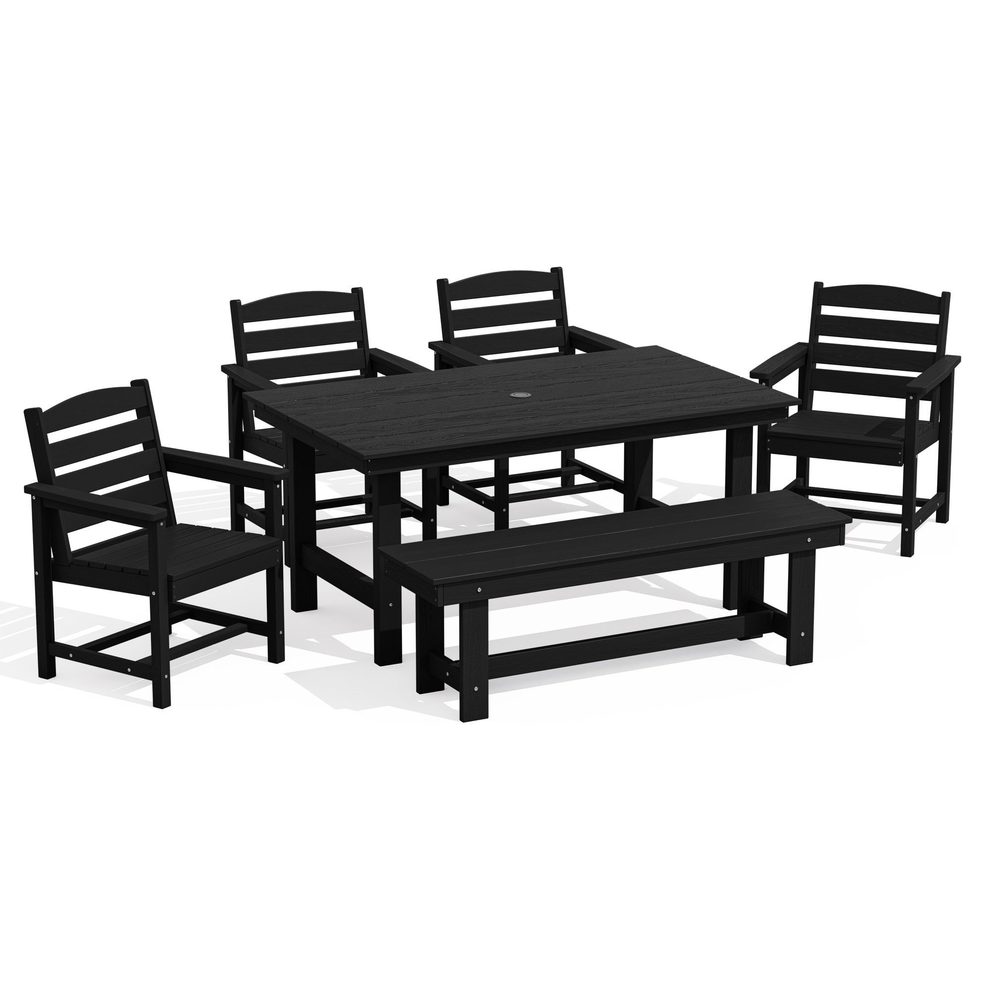 JEAREY PEJYCZY06-BK 6-Pieces HDPE Dining Set with 4 Chairs,1 Bench,1 Table 6 -Piece Black Patio Dining Set Plastic Rectangle Table with 4 Stackable Stationary Chairs