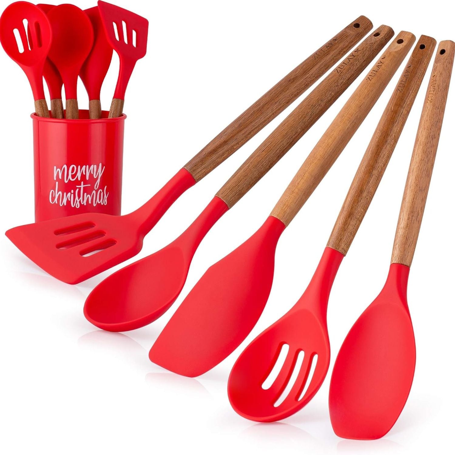 Zulay Kitchen Non Stick Silicone and Acacia Wood 5 Piece Cooking Utensil Set with Holder Spatula Spoon Turner Slotted and Solid Spoon