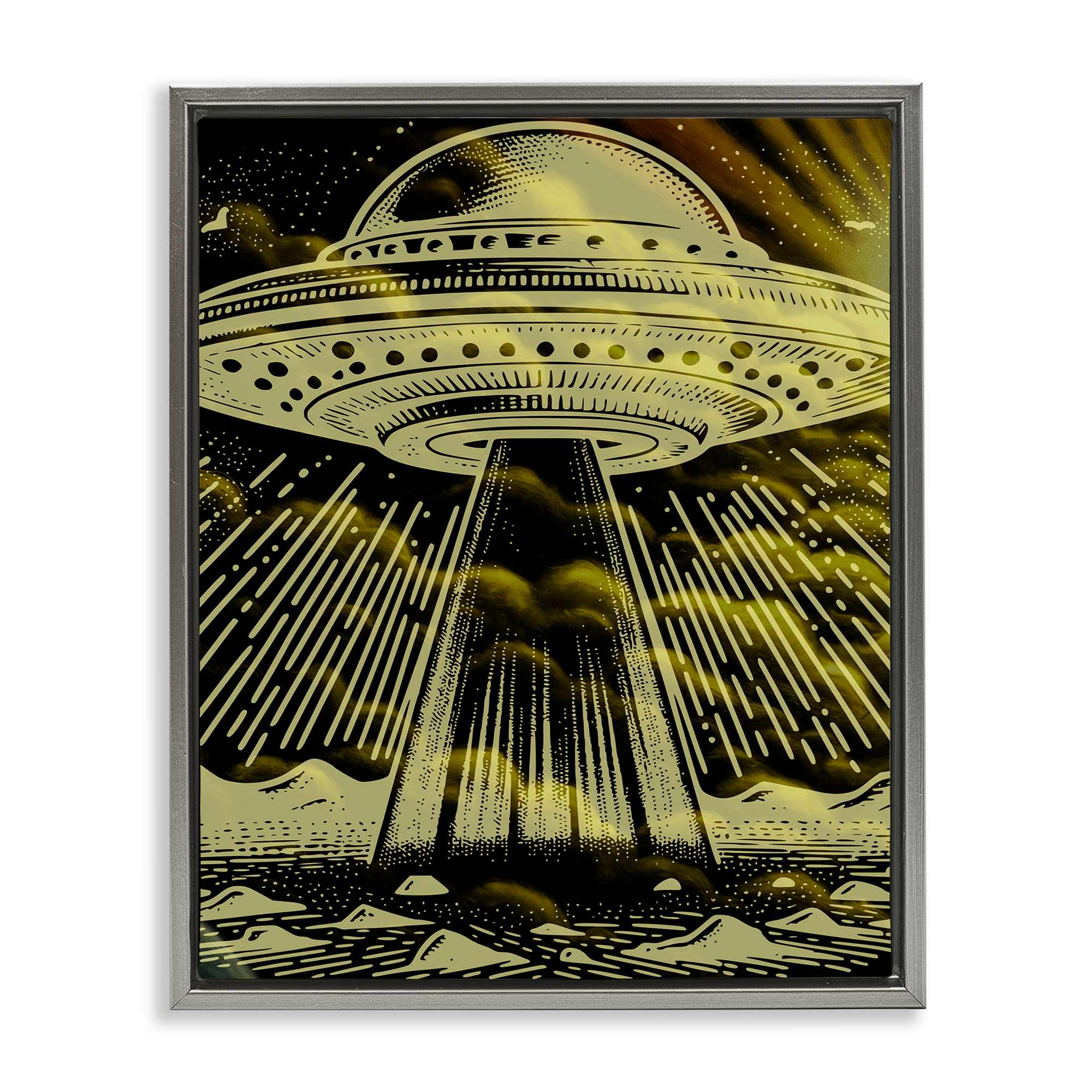 Stupell Industries BS-100-FFL-24X30 Mysterious Alien UFO Gray Framed Floater Canvas Wall Art By Jesse Keith 25 x 31