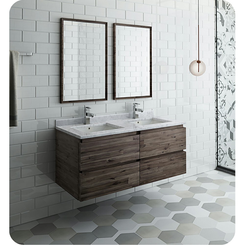 Transitional 48" Double Sink Wall-Mounted Vanity in Brown with Quartz Top