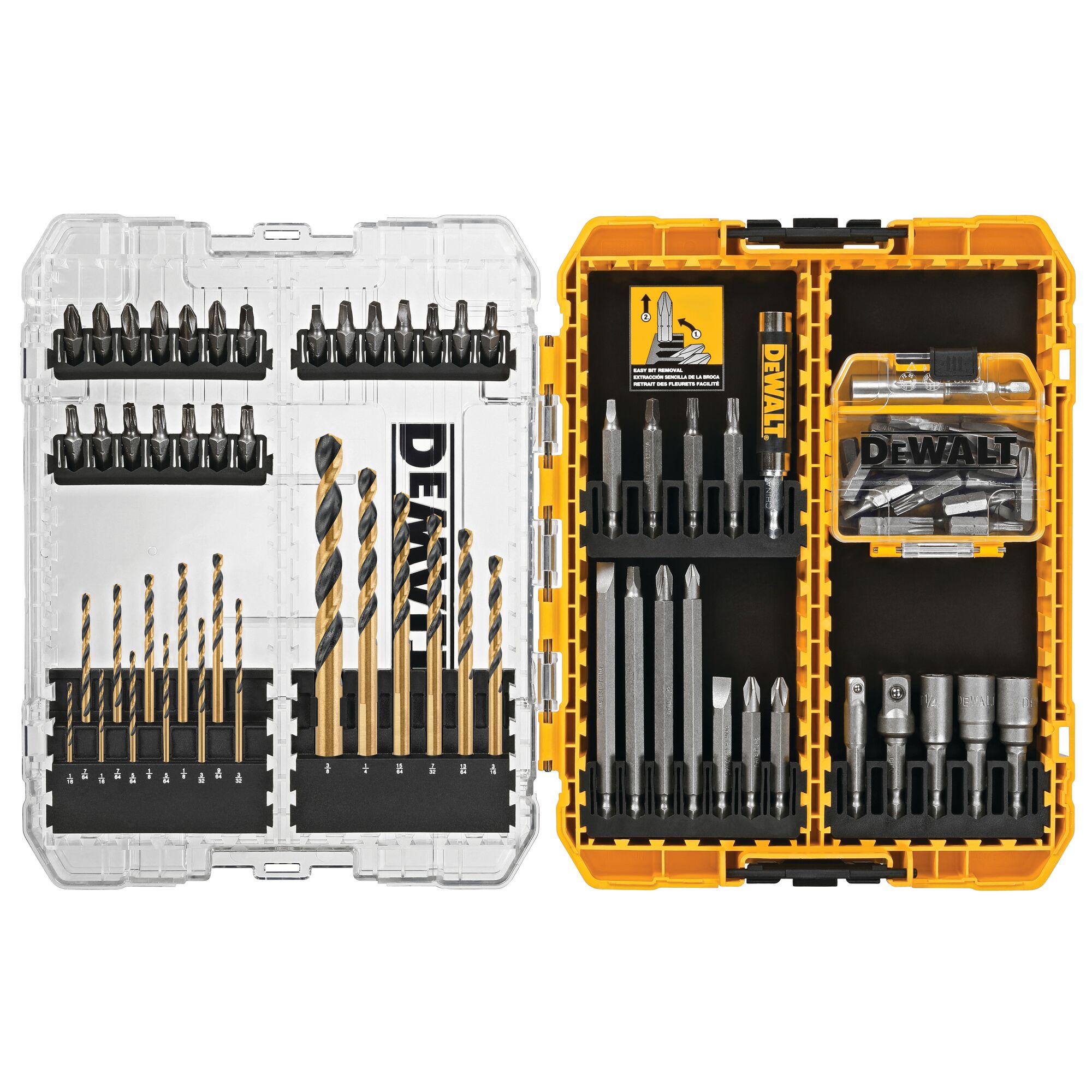 DEWALT DWA110SET 110 PC DRILL / DRIVER BIT SET W/ (4) CLEAR TOUGH CASE