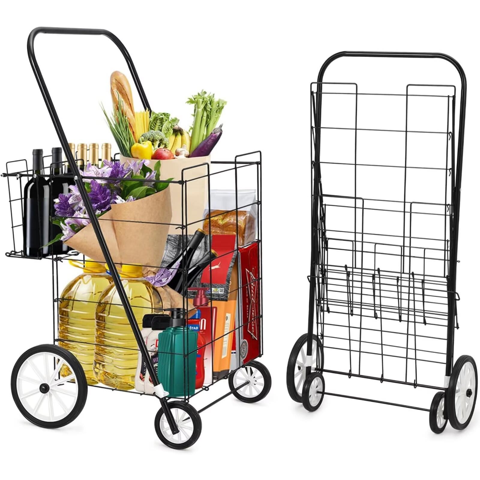 Qeetex JXNAG-PHO-15WVCBPE Utility Shopping Cart Large Foldable Rolling Carts for Groceries Max 66 Lbs Heavy Duty Grocery Cart with Wheels for Laundry Shopping Luggage