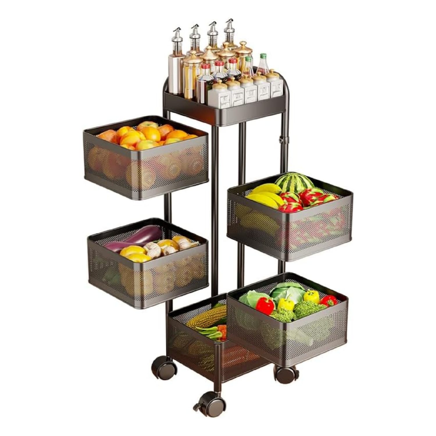 Garvee 5-Tier Black Thickened Carbon Steel Rotating Kitchen Storage Cart with Wheels  Mobile Utility Rack with Top Lid  Fruit Vegetable Basket  Rotating Produce Organizer for Bathroom Living Room