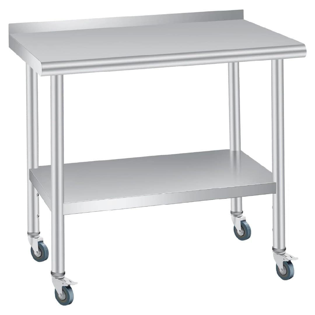 Qeetex NL-PHK-33DSAKGC 36x24 Inches Stainless Steel Prep Work Table with Backsplash and 4 Caster Wheels Commercial Heavy Duty Kitchen Worktable Adjustable Under Shelf for Restaurant Business Home Outdoor Use