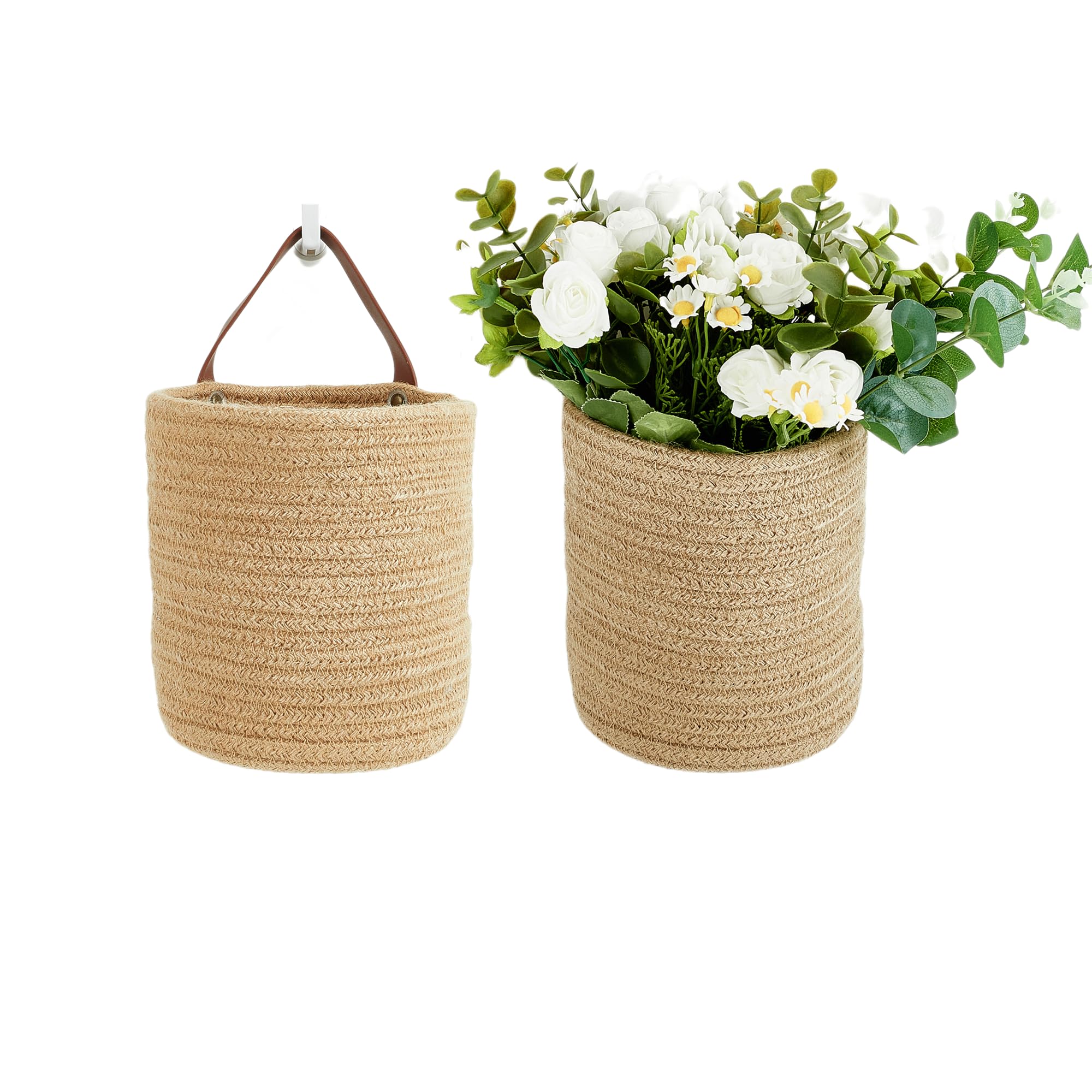 AKSCYZM  Small Hanging Basket Cotton Rope Wall Basket with Handle Woven Plant Basket Storage Bin Closet Organizer Six Point Three by Seven Inches