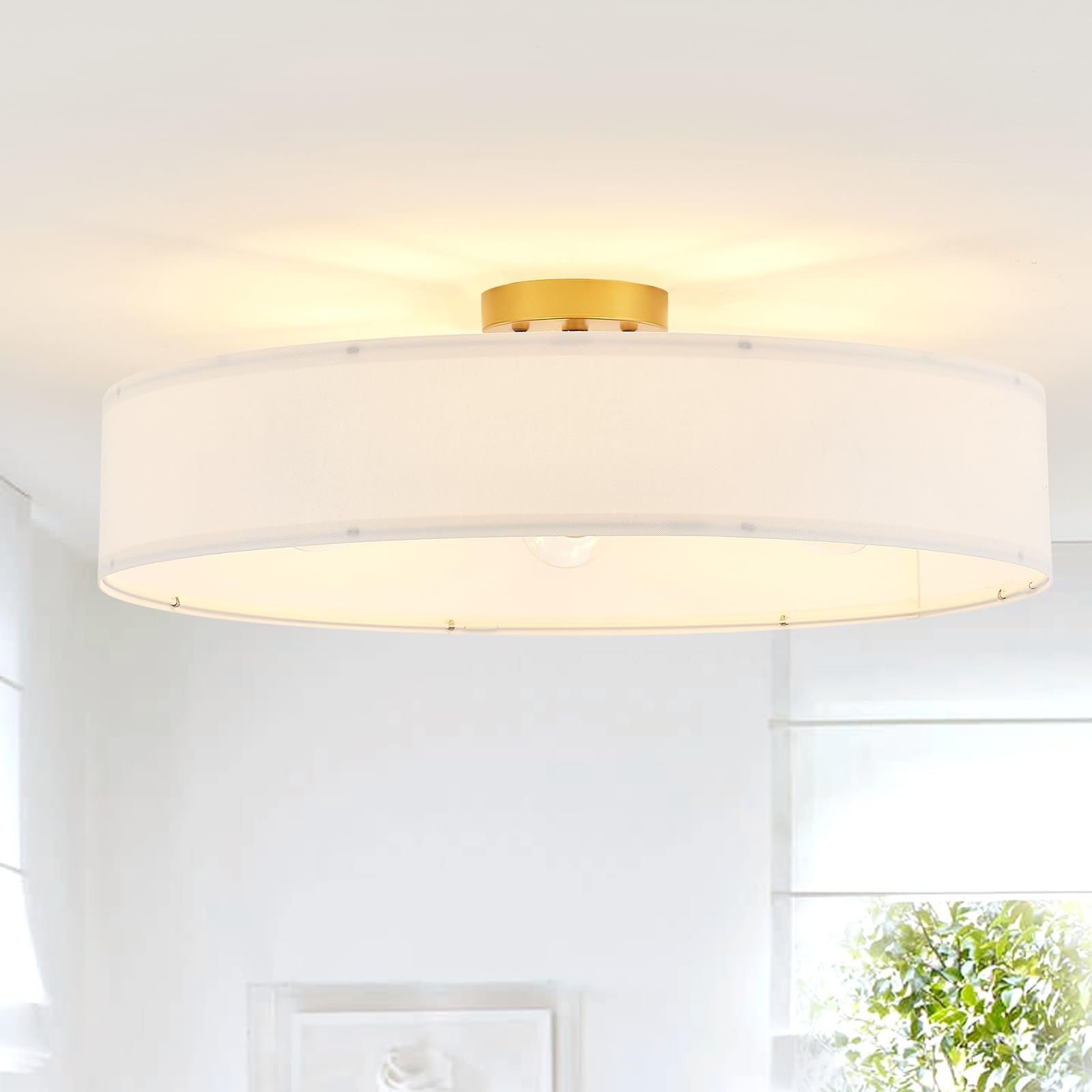 Adrinfly  Gold Semi Flush Mount Ceiling Light Fixture with 24 inch Large White Fabric Drum Shade 5 Light for Bedroom Dining Room Entryway Round