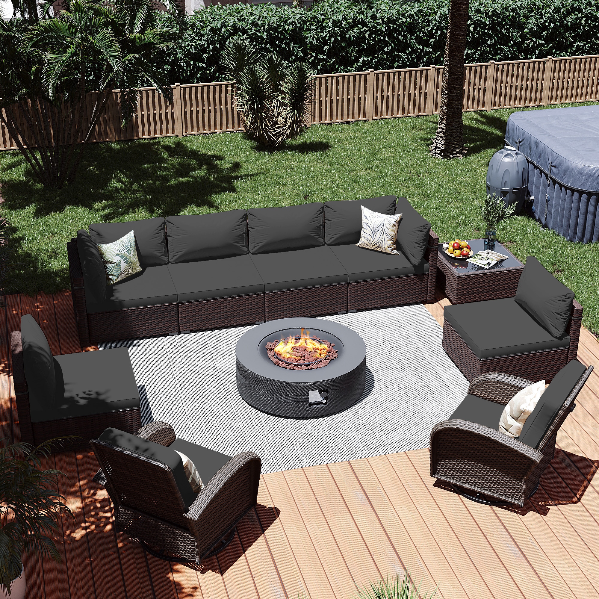 Patio Watcher LS-RT7Y11-42XWDK-B3 10 -Piece Rattan Patio Conversation Set with Dark Gray Cushions