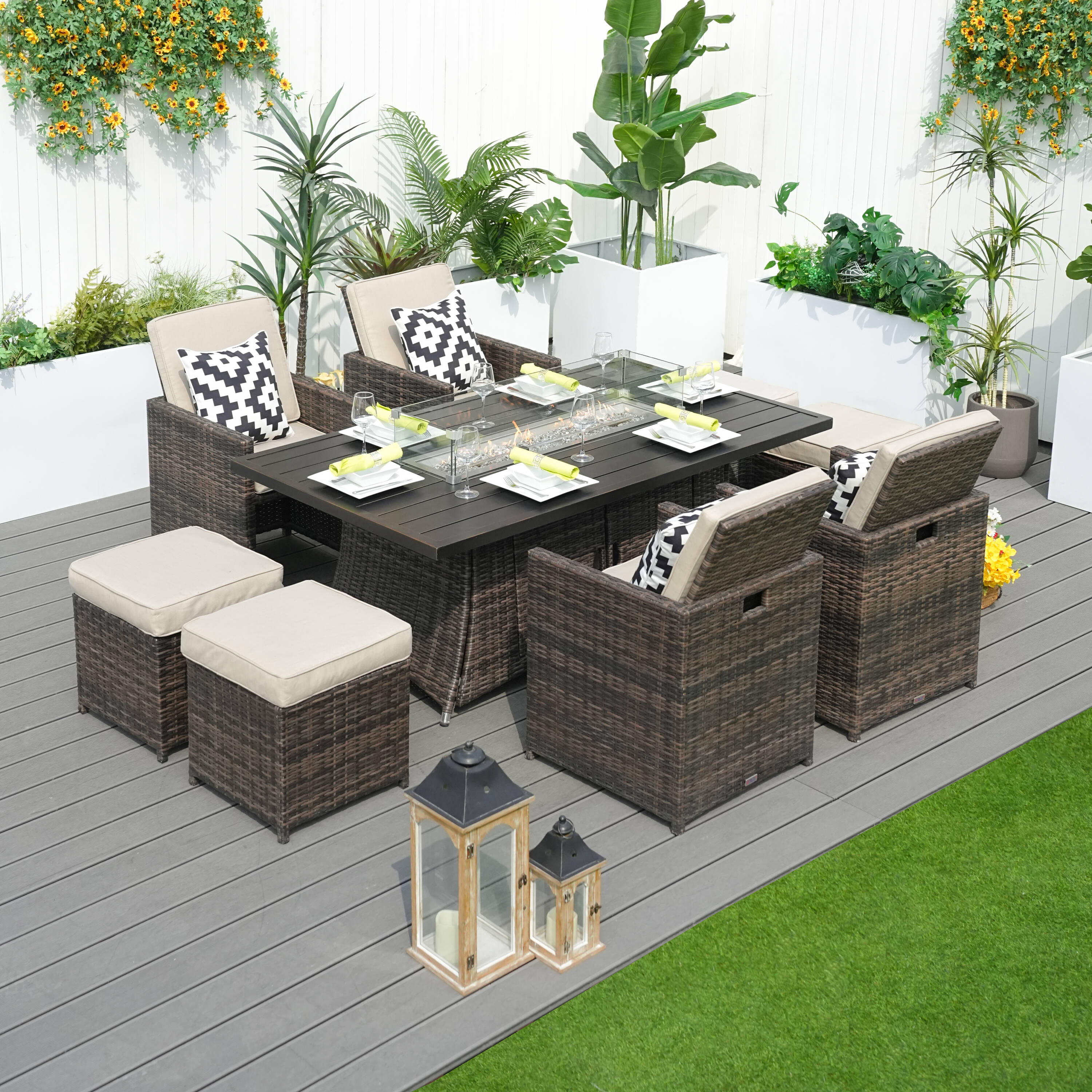 Direct Wicker DWG-1633RA-BR Flame 7 -Piece grey Wicker Patio Dining Set Rattan Rectangle Table with 4 Gray Cushions Stationary Chairs