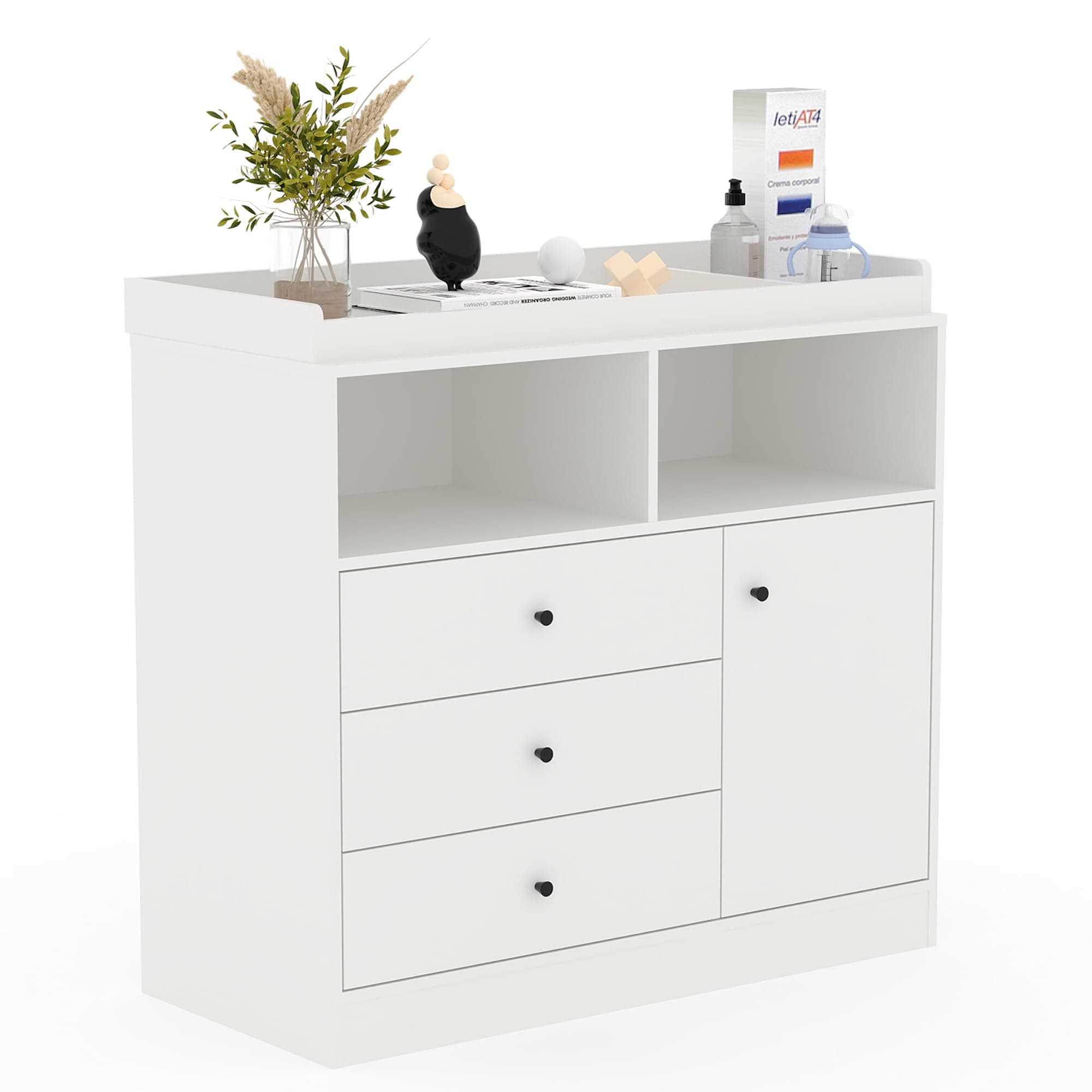 Garvee Nursery Dresser with Changing Table Top - Tall Wooden Diaper Changing Station with 2 Open Shelves 3 Drawers and 1 Cabinet