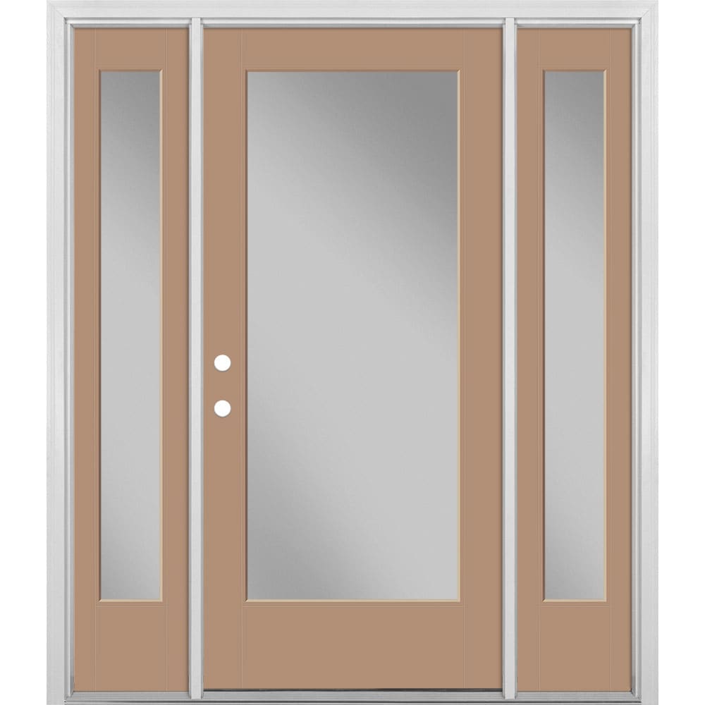 Masonite 1523948 60-in x 80-in x 4-9/16-in Fiberglass Full lite Right-hand inswing Warm Wheat Painted Prehung Front Door with Sidelights with Brickmould Insulating core