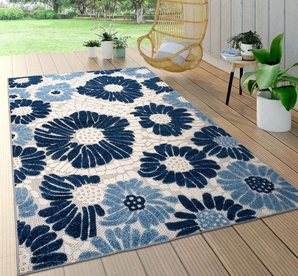 World Rug Gallery Tropical Floral Modern Indoor/Outdoor Area Rug - Navy 5' x 7