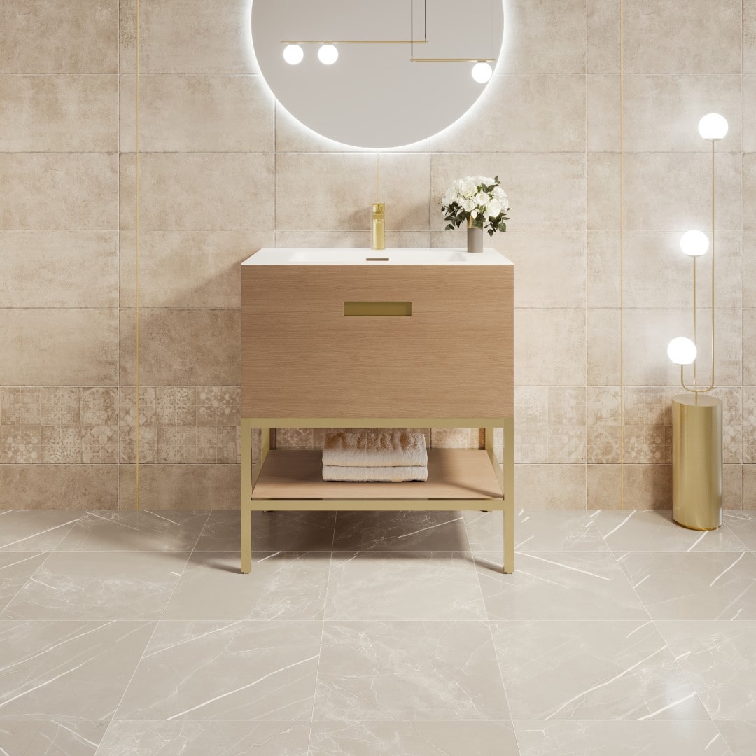 Eviva EVVN203-30OAK Iris 30-in Natural Oak Single Sink Bathroom Vanity with White Solid Surface Top