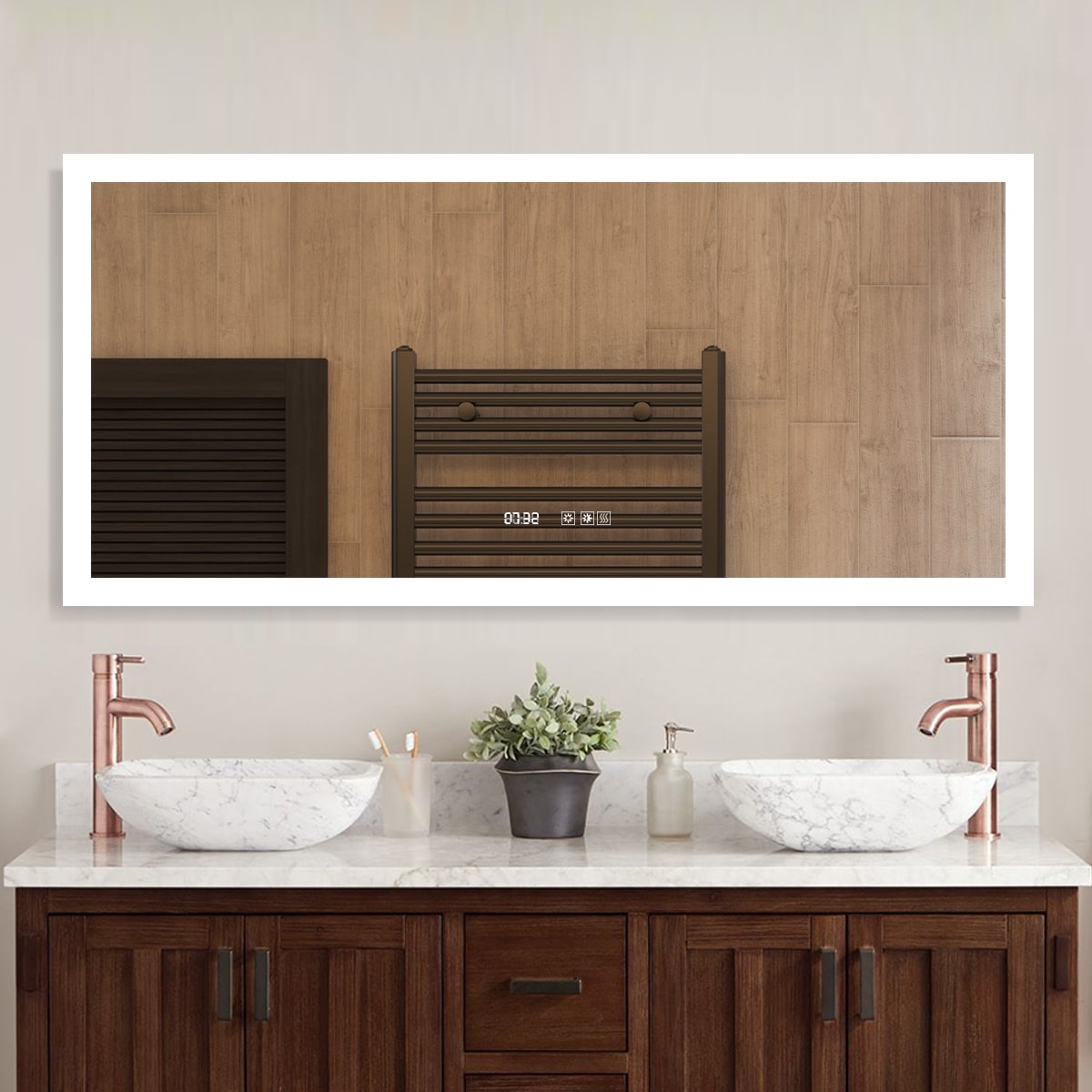 WELLFOR LED Bathroom Mirror 60-in x 28-in Dimmable Lighted Silver Fog Free Frameless Bathroom Vanity Mirror | TRX-957AL