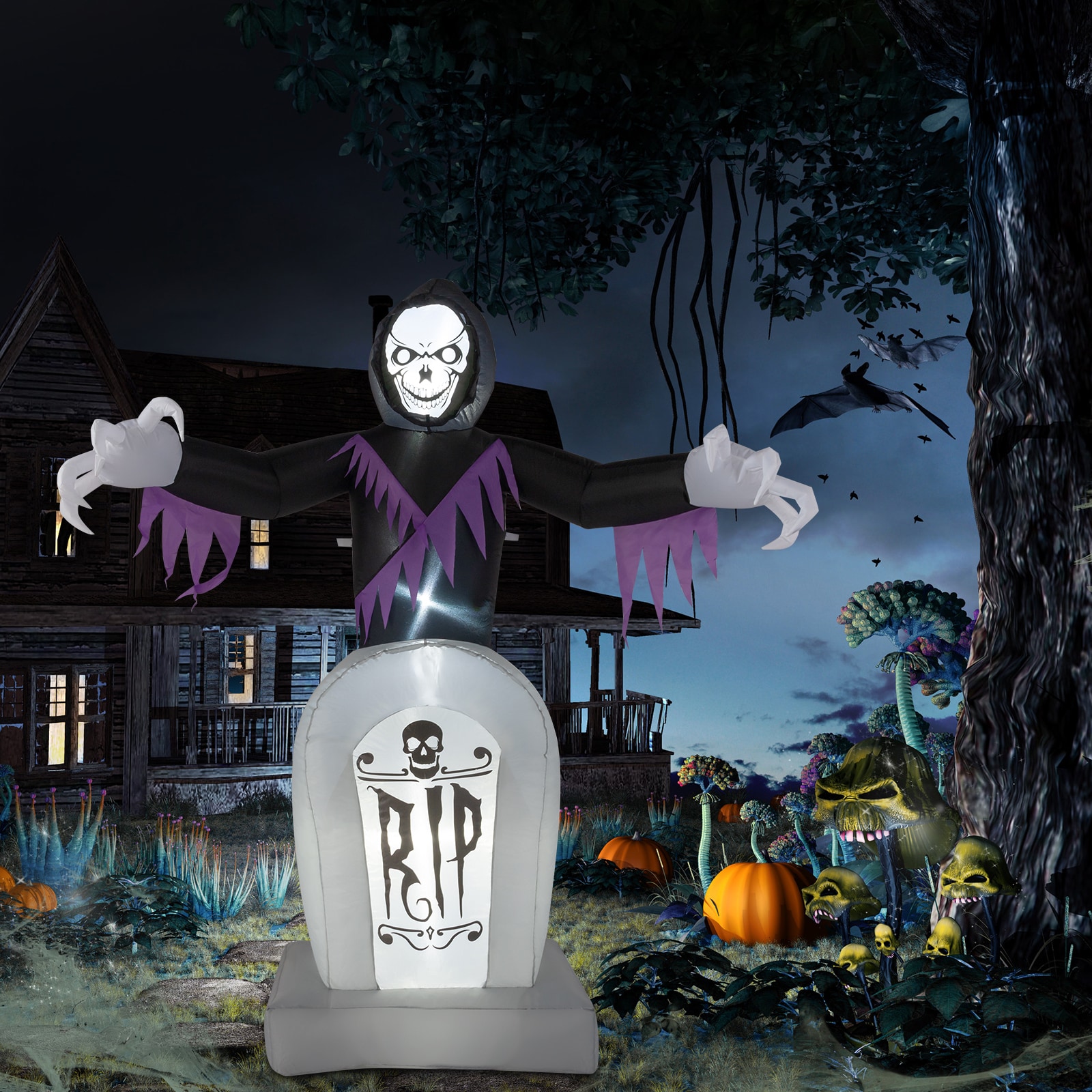 GlasFlength  8 Ft Inflatable Grim Reaper Halloween Decorations Halloween Outdoor Decor with Grave Large Halloween LED Lights Yard Decorations for Patio Lawn Black