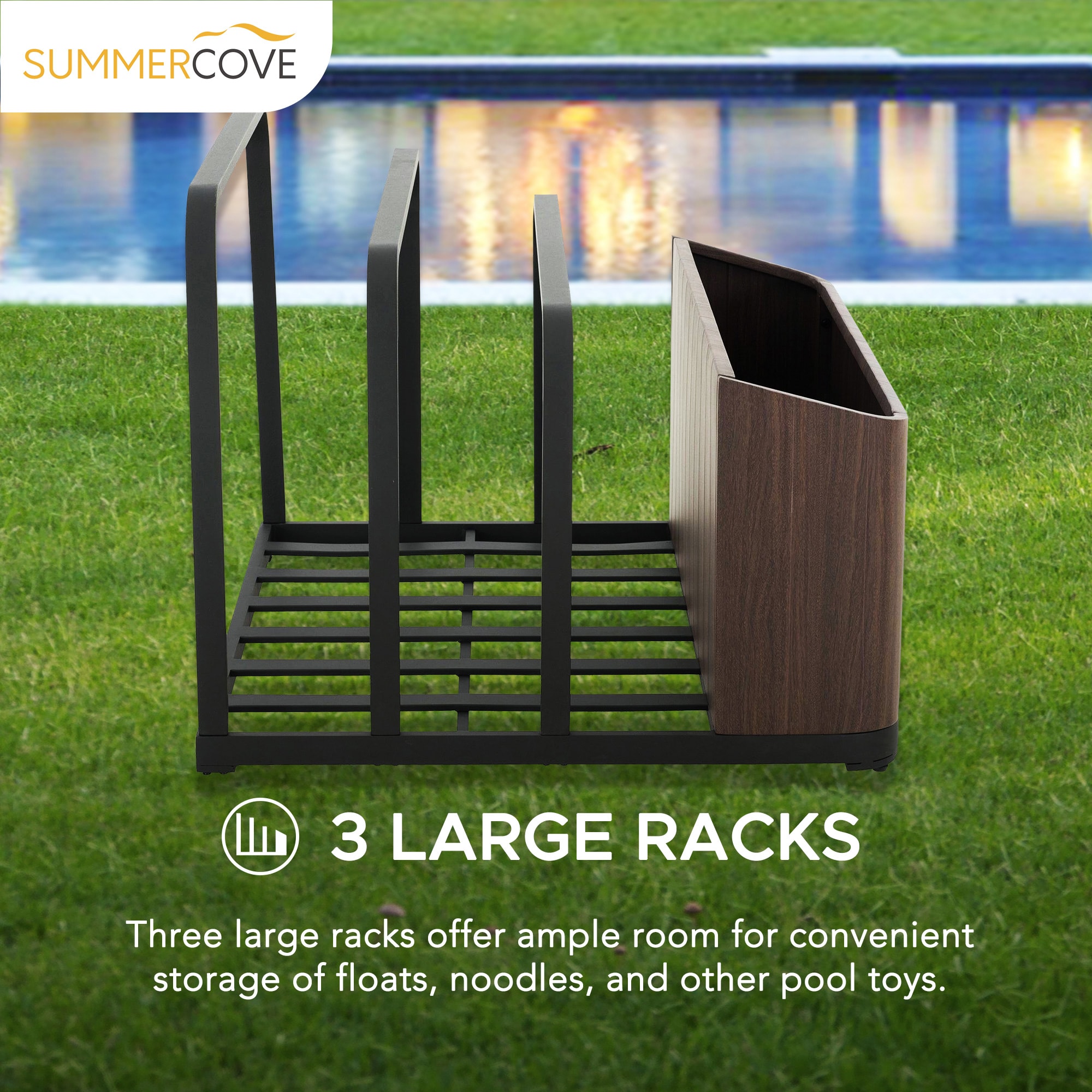 Brown Aluminum Pool Float Storage Basket with Wood Grain Finish