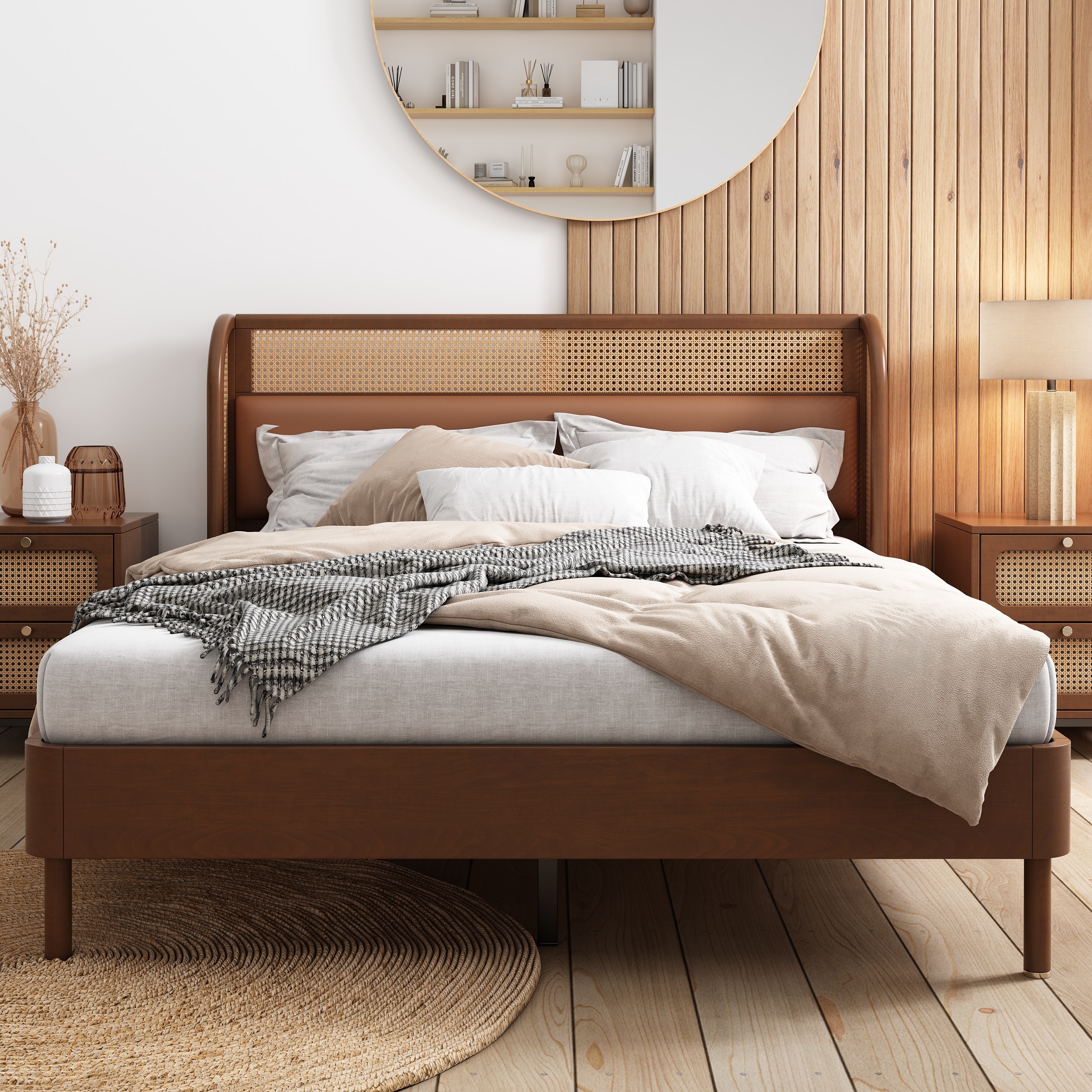 JIMSMAISON JMBBFB01WL Walnut Queen Wood Platform Bed