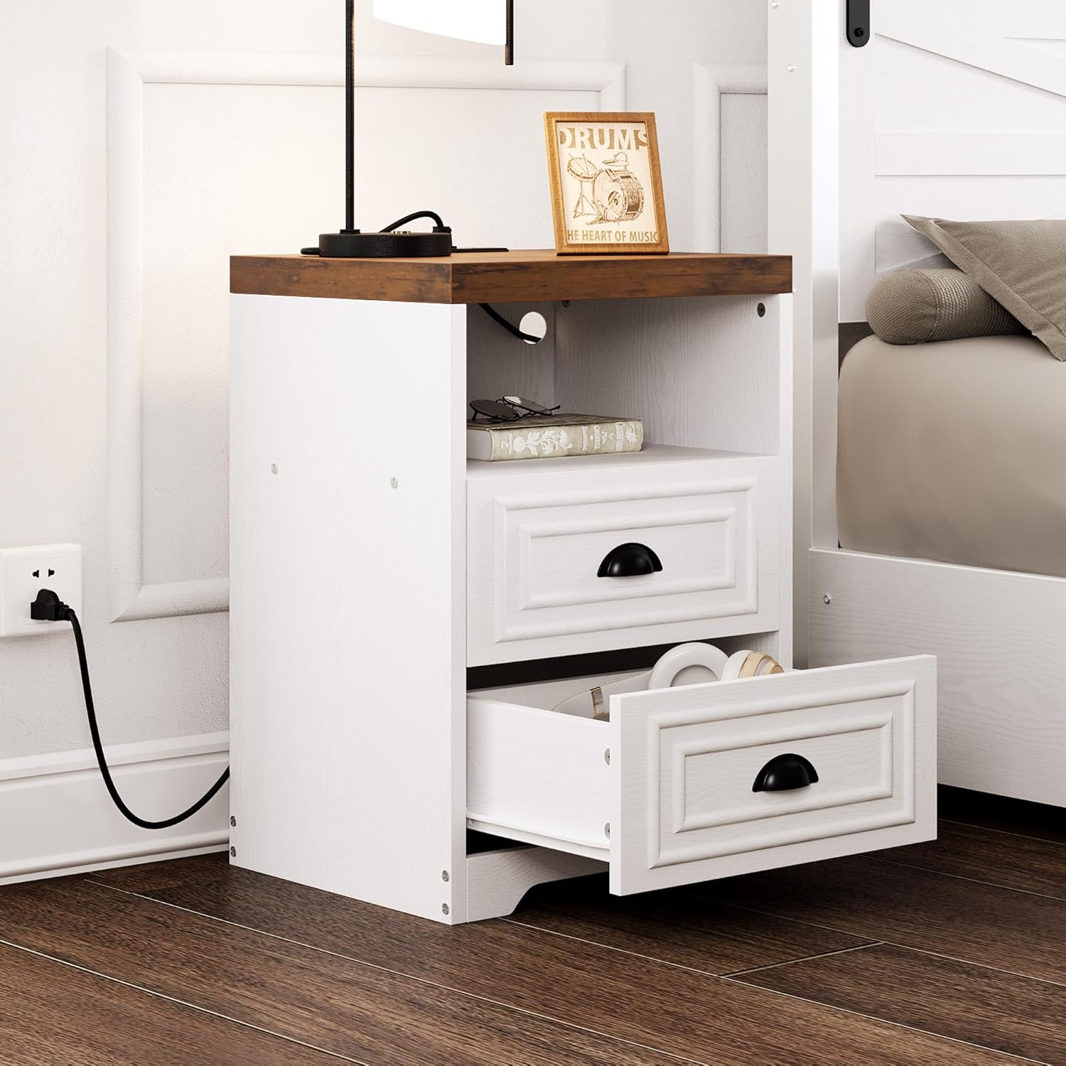 Likimio USAN1063986 15.74-in W White 2 Drawers Night Stand with Power Strip and Thickened Top