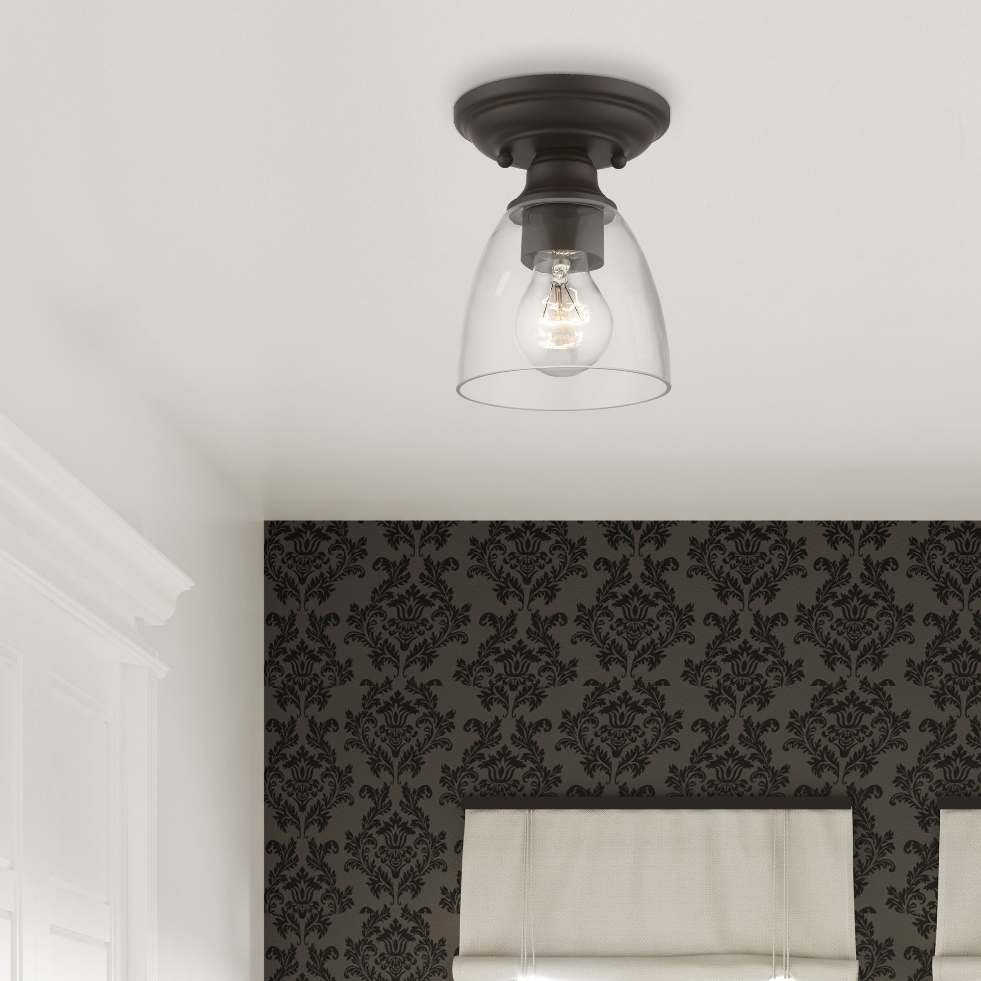 Bronze Contemporary 1-Light Flush Mount with Clear Hand-Blown Glass