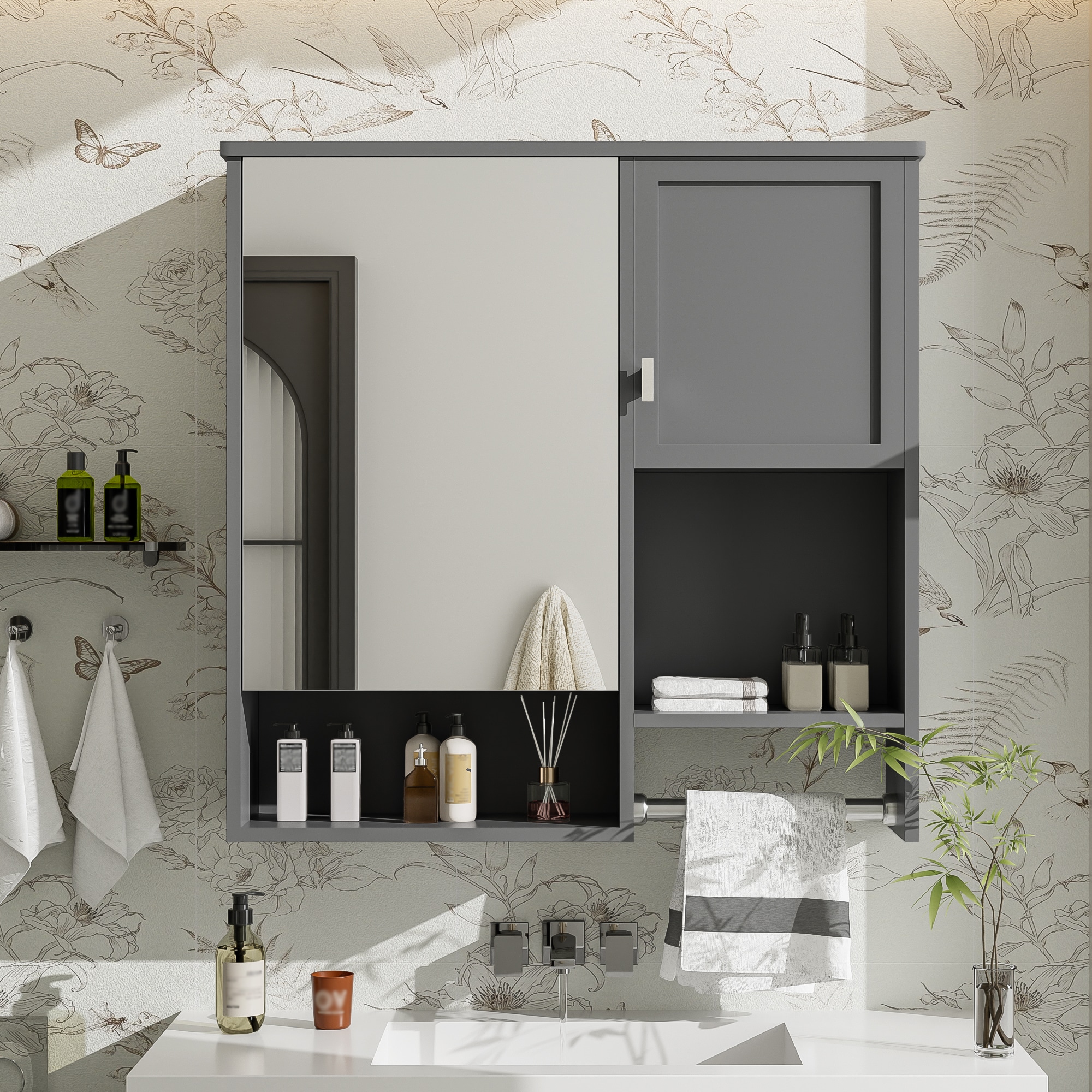 KWPZQEB 29-in x 28-in Wall Mounted Bathroom Medicine with Towels Bar  Cabinet Bathroom with Mirror for Bathroom and Kitchen-Grey
