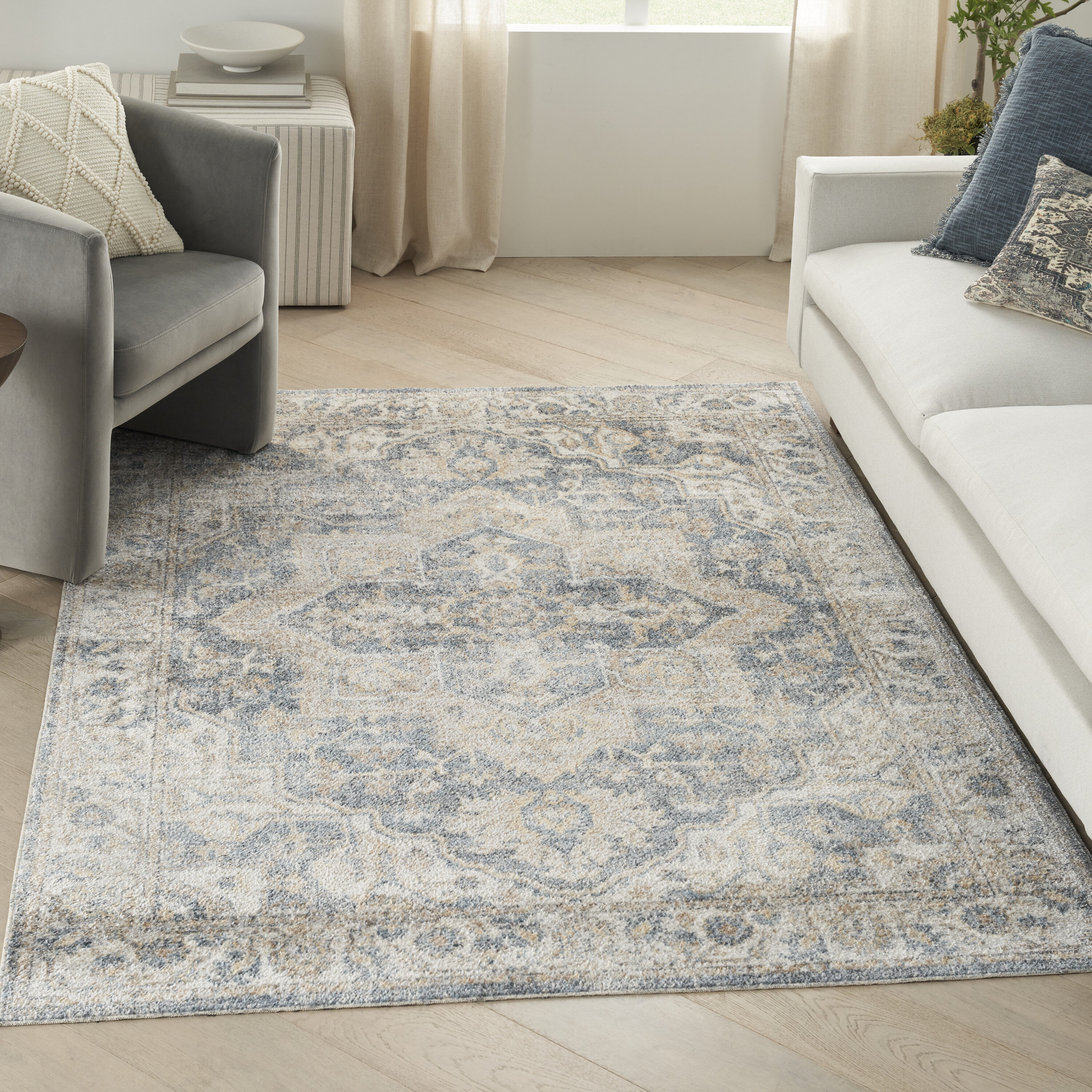Nourison 099446125255 Astra Machine Washable 7 x 9 (ft) Loomed Polyester Grey/Blue Rectangular Indoor Distressed/Overdyed Vintage Machine washable Area rug