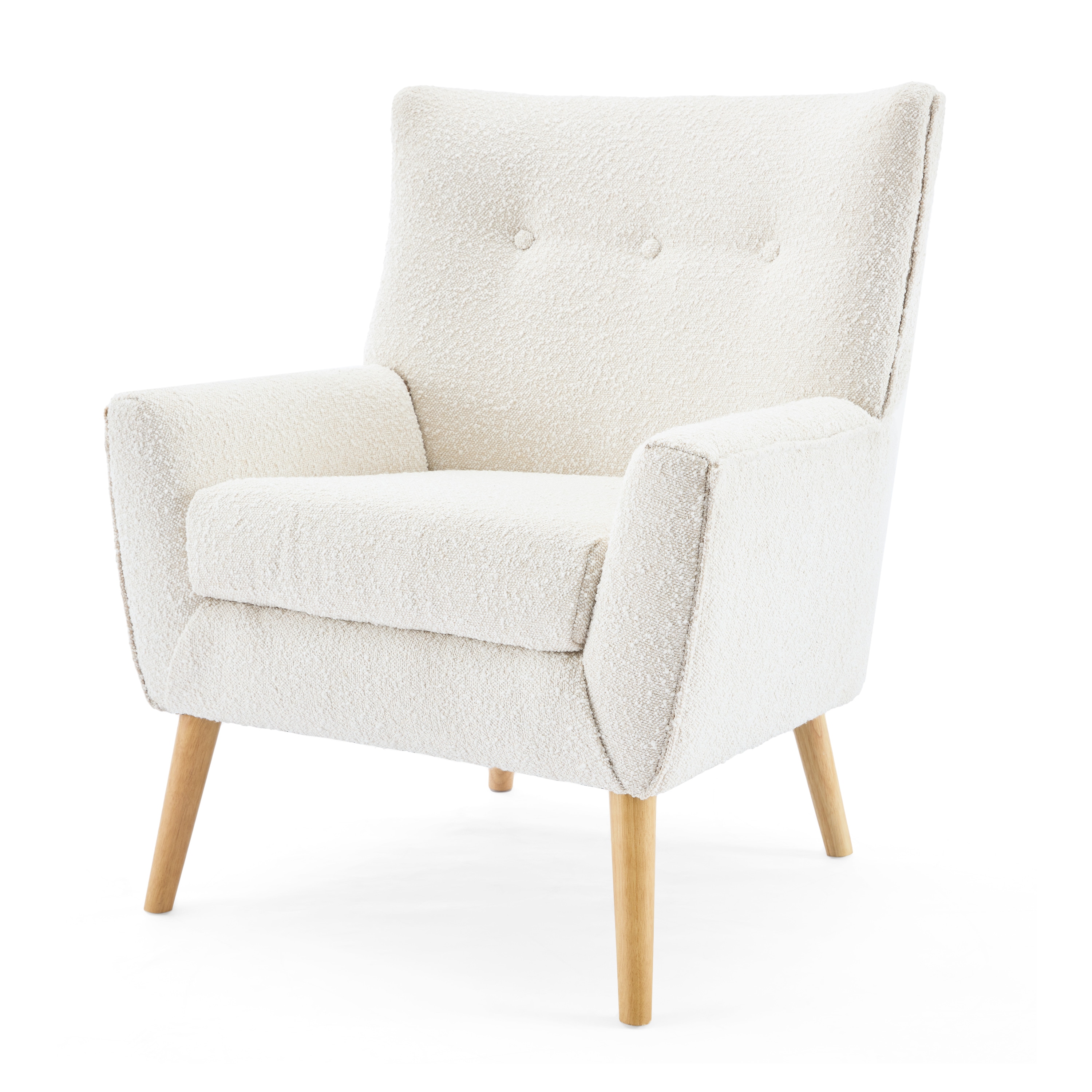 Contemporary White Boucle Upholstered Club Chair with Natural Wood Legs