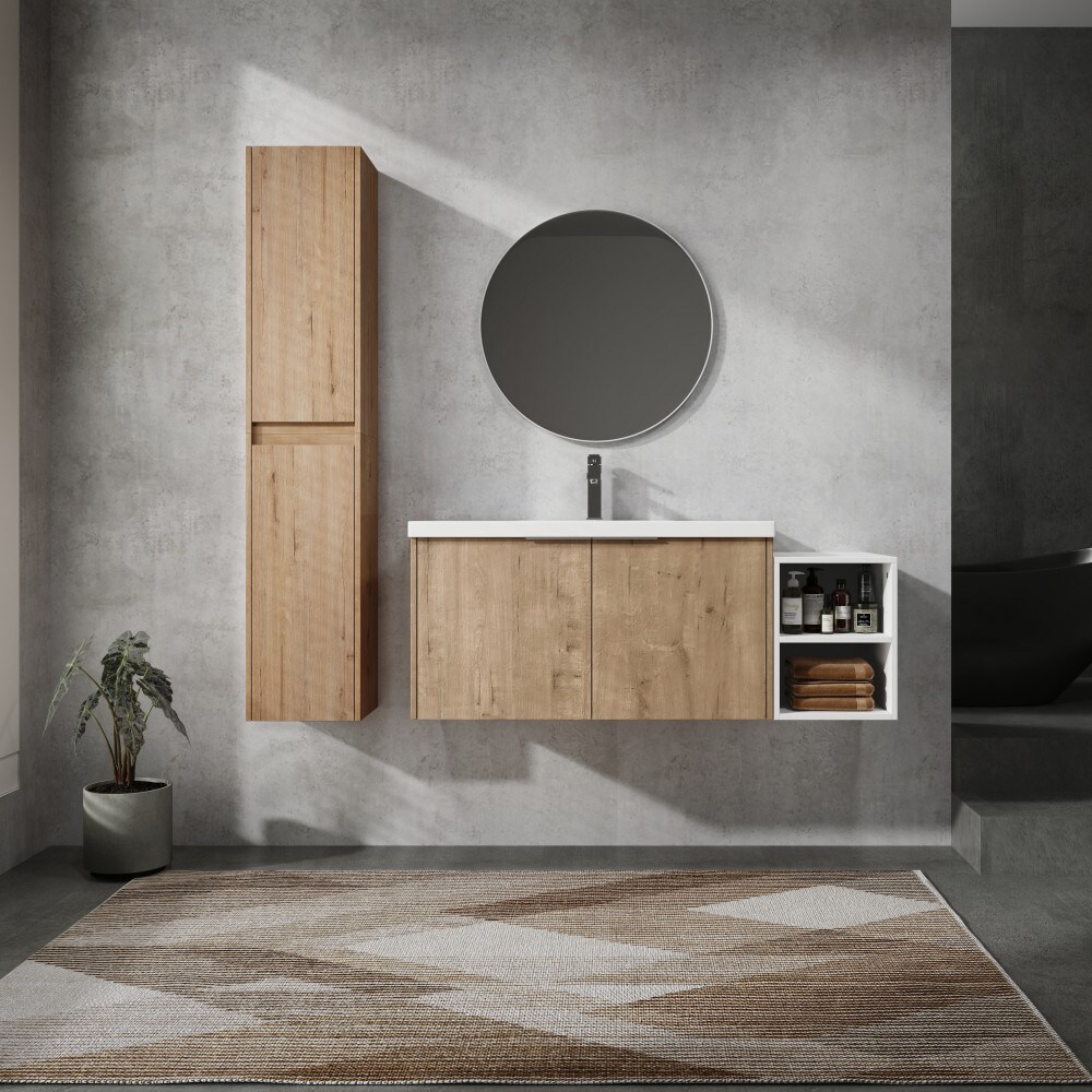Basdien 47 in Brown Wall Mounted Bathroom Vanity With Sink and 2 Side Cabinets Storage Shelf Soft Close Doors Modern Plywood Construction Resin Basin Ample Easy Assembly 4 Packages Included Faucet Drain Pop Up Back Splash Brackets Not Included