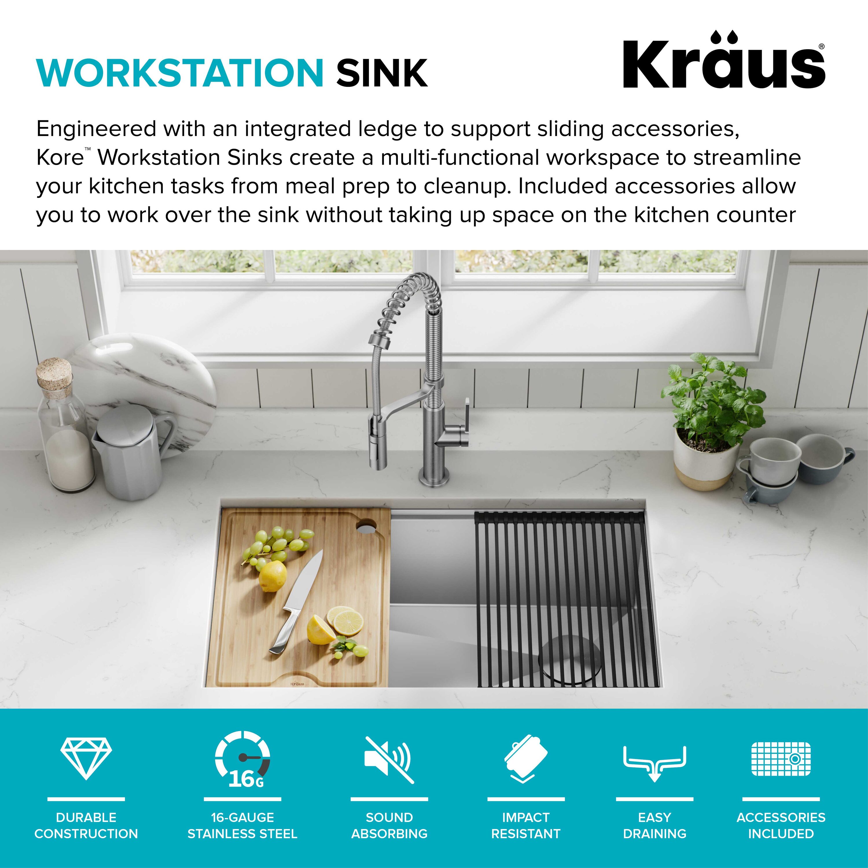 Kraus Kore 2-Tier Workstation Single Bowl Kitchen Sink 57 with 10 Piece Chefs Kit of Accessories Undermount 16 Gauge Stainless Steel
