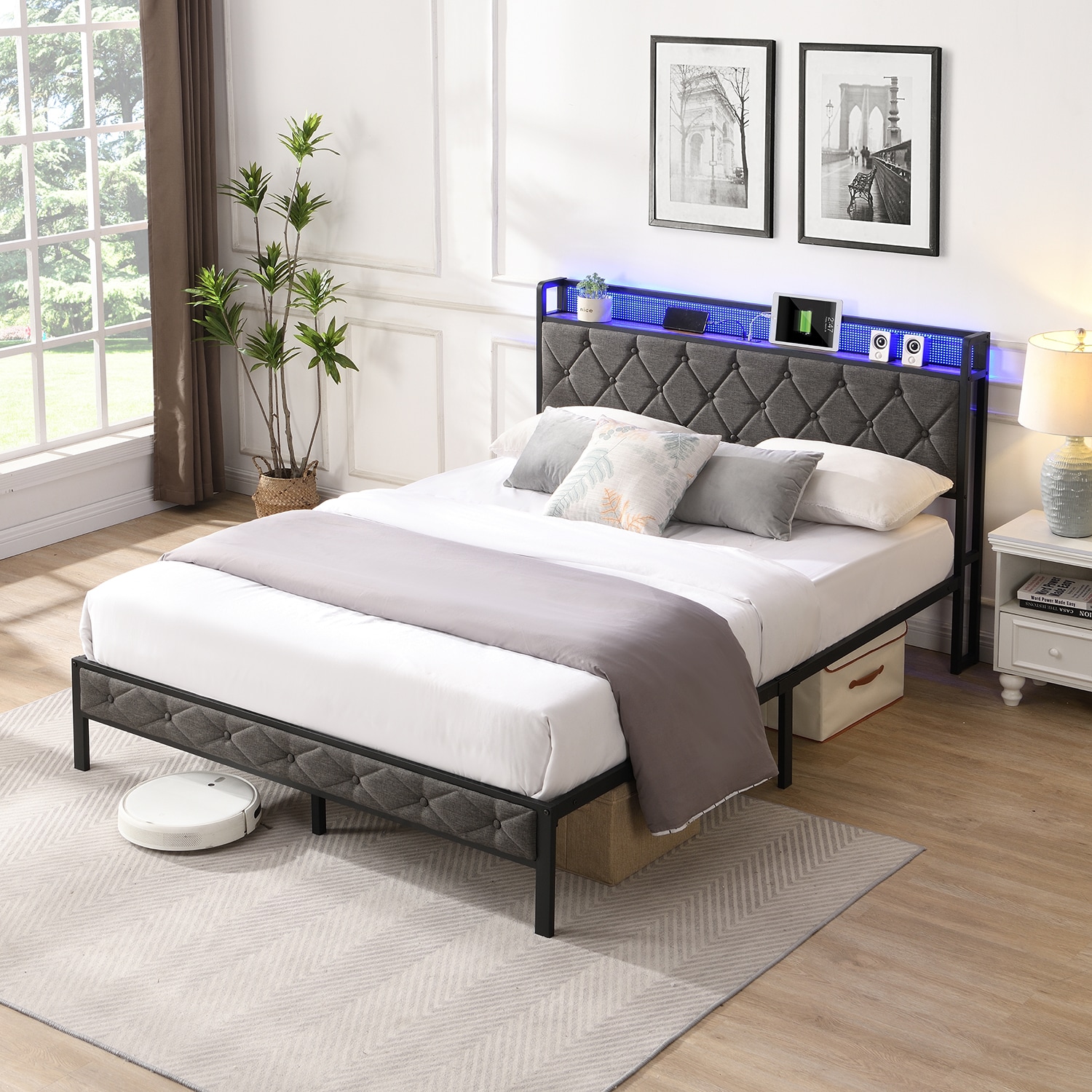 Sumyeg Full Bed Frame with Storage Headboard Gray Full Metal Bed Frame ...