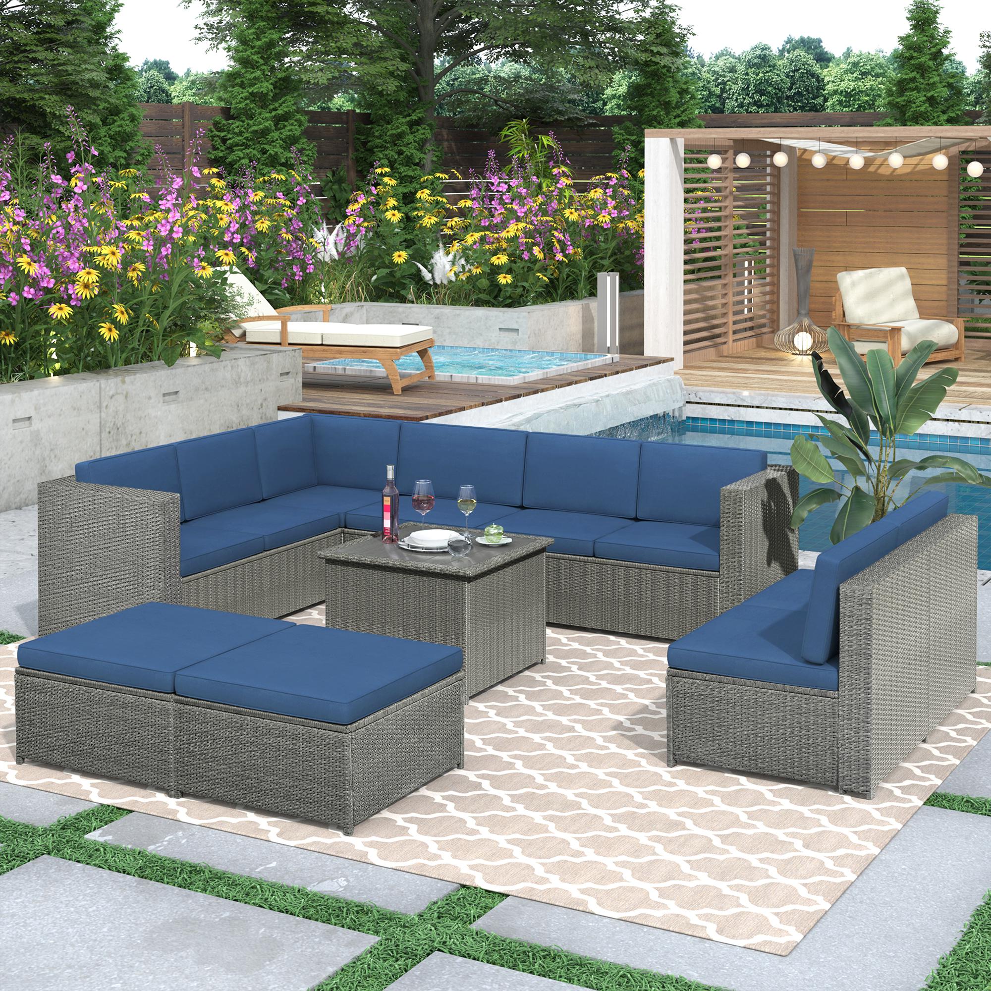 Bayfeve BFUS-276AE 9 -Piece Rattan Patio Conversation Set with Blue Cushions