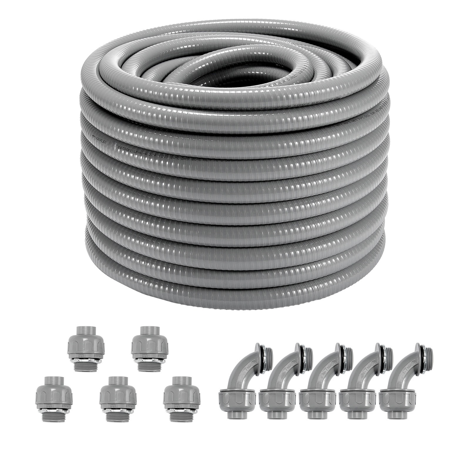 VEVOR SCPVCYMDQDG304015V0 3/4-Inch Flexible Electrical Conduit  100 ft  PVC Liquid-Tight Conduit Non-Metallic with 5 Straight and 5 90-Degree Conduit Connector Fittings  for Air Conditioning Motor Controller Pump  IP65