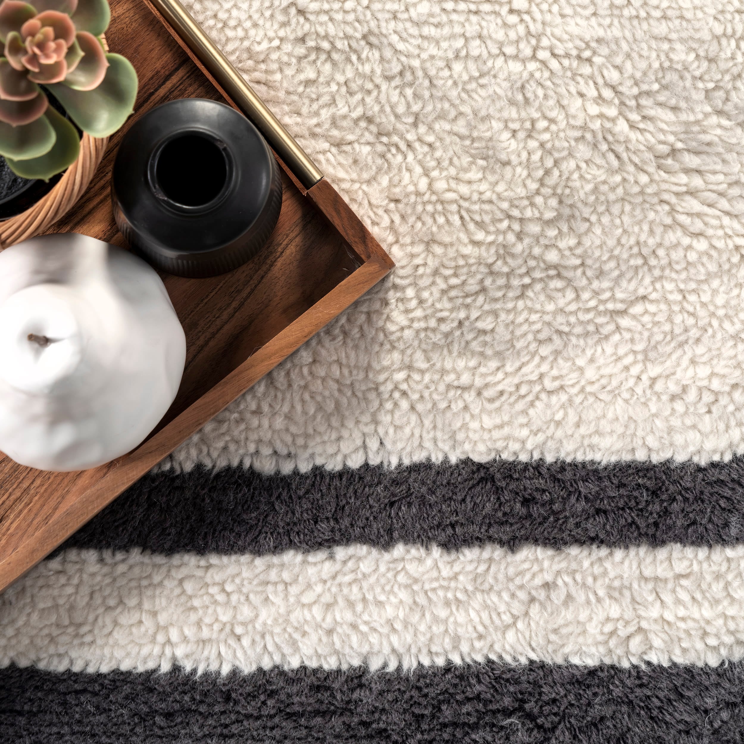 Ivory and Black Striped Wool Washable 4' x 6' Area Rug